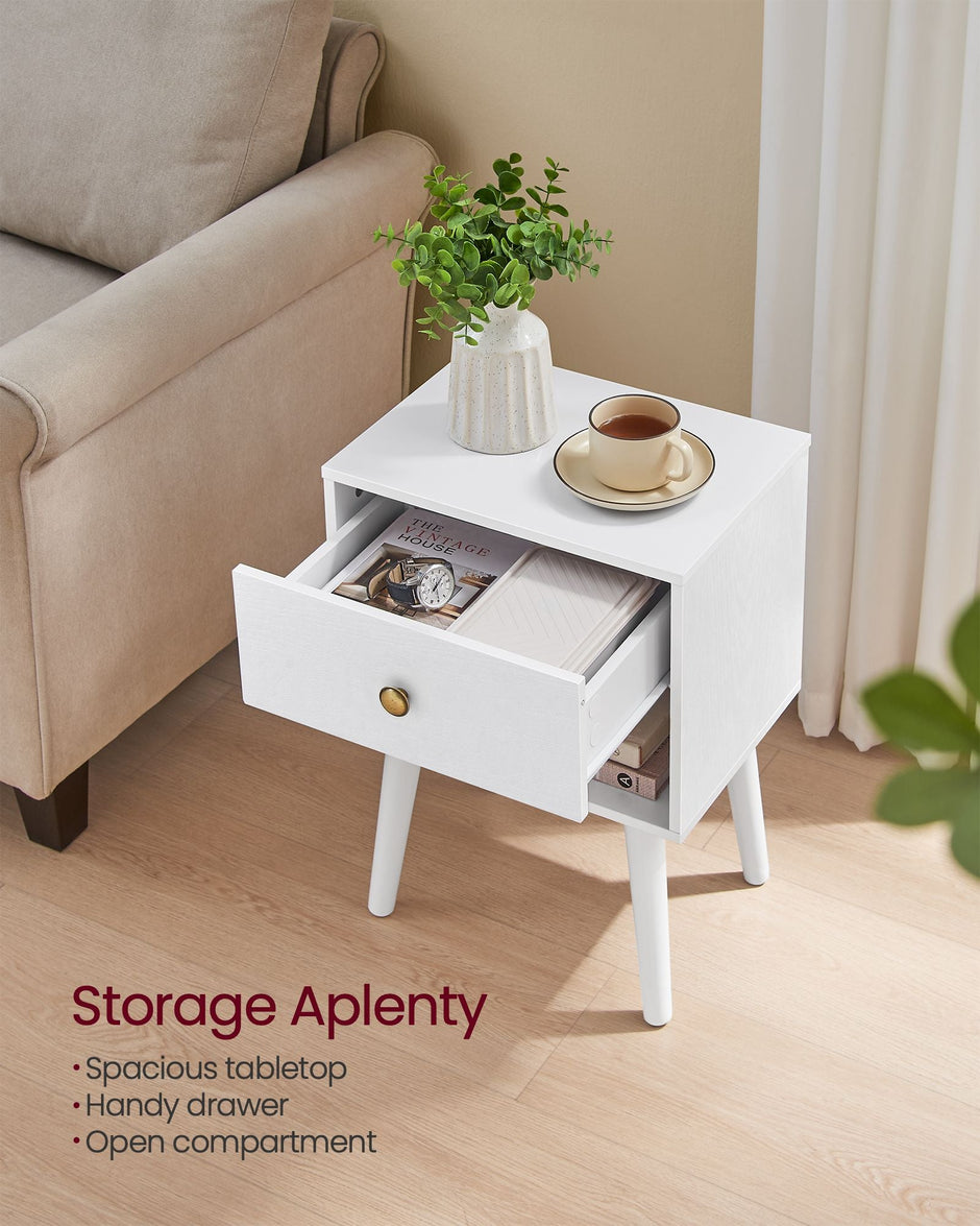 Bedside Table – Solid Wood – Cloud White – Storage Drawer and Open Shelf