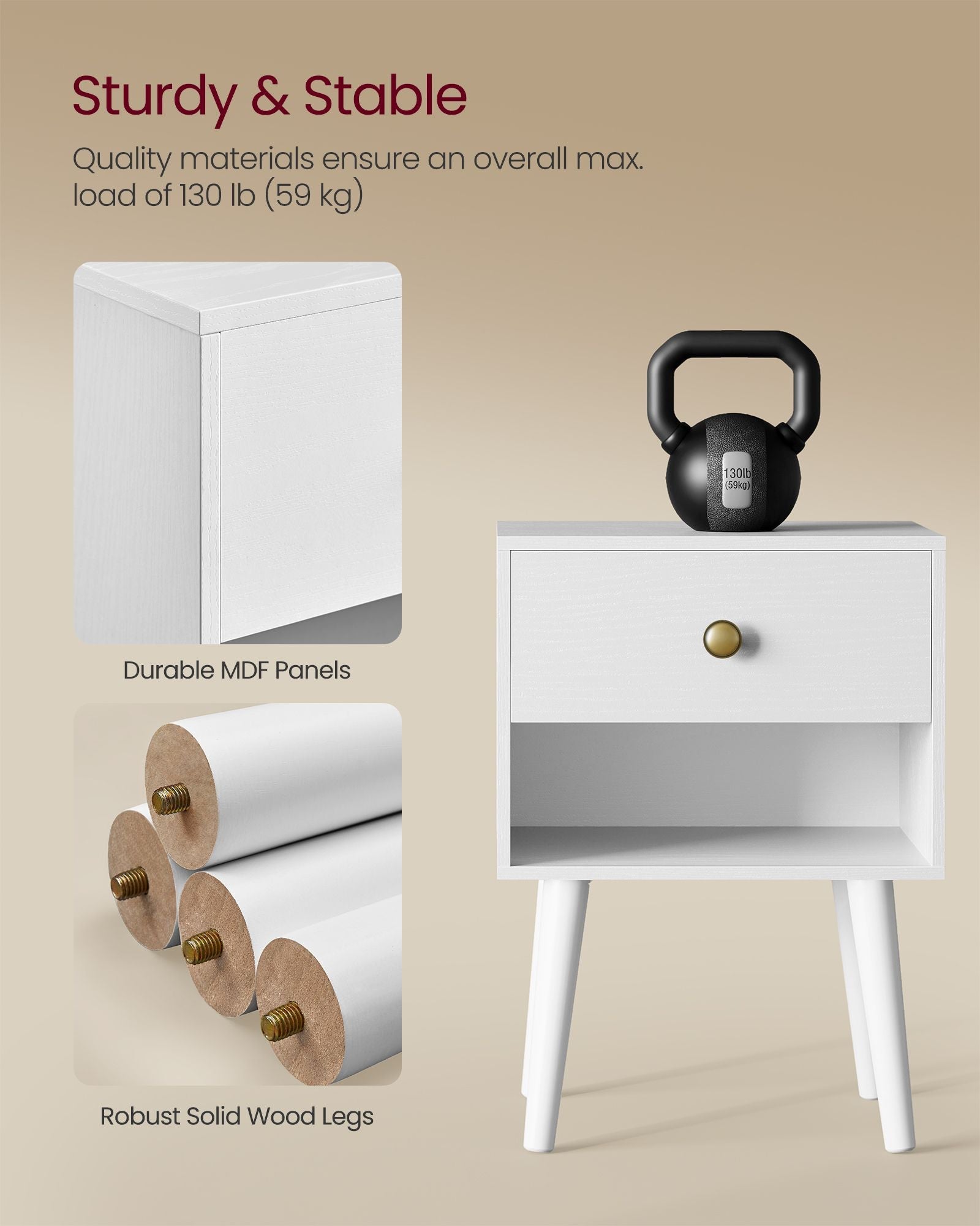 Bedside Table – Solid Wood – Cloud White – Storage Drawer and Open Shelf