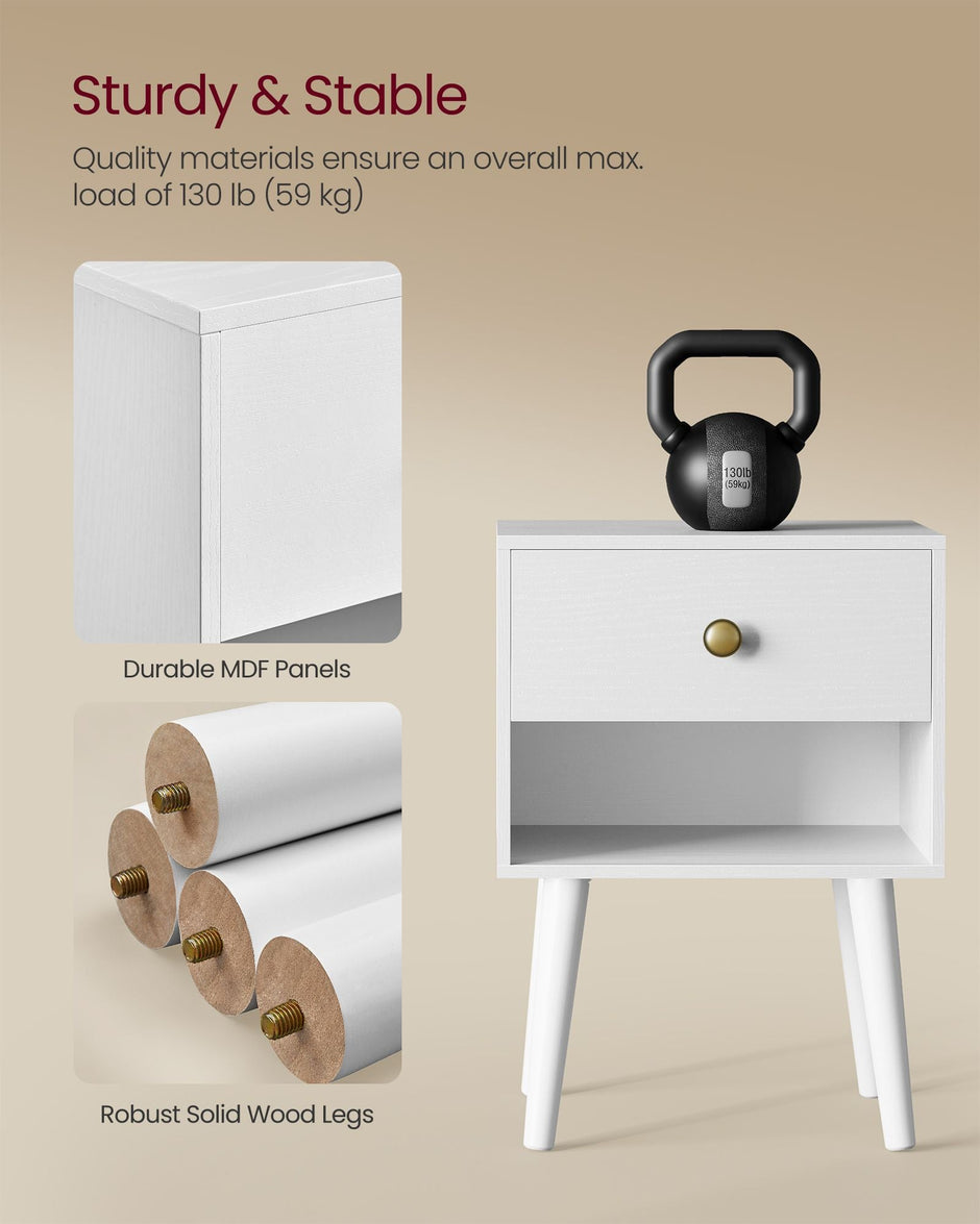 Bedside Table – Solid Wood – Cloud White – Storage Drawer and Open Shelf
