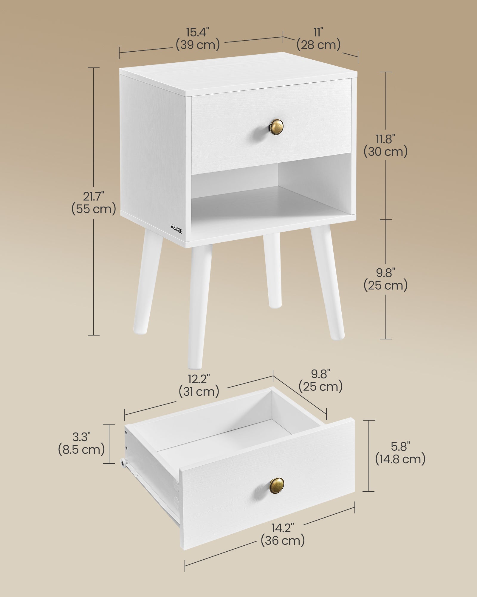 Bedside Table – Solid Wood – Cloud White – Storage Drawer and Open Shelf