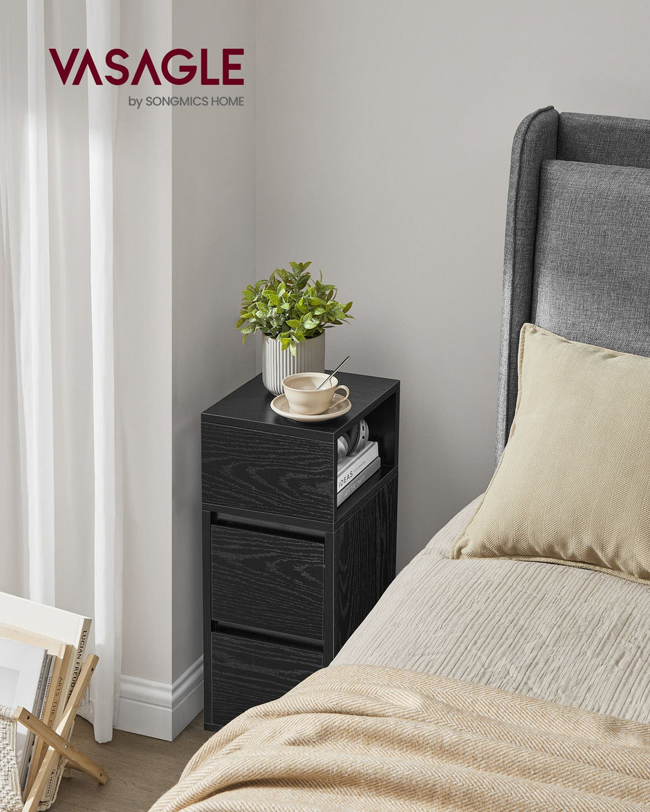 Adjustable Slim Bedside Table – Wood – Ebony Black – 2 Drawers & Open Compartment