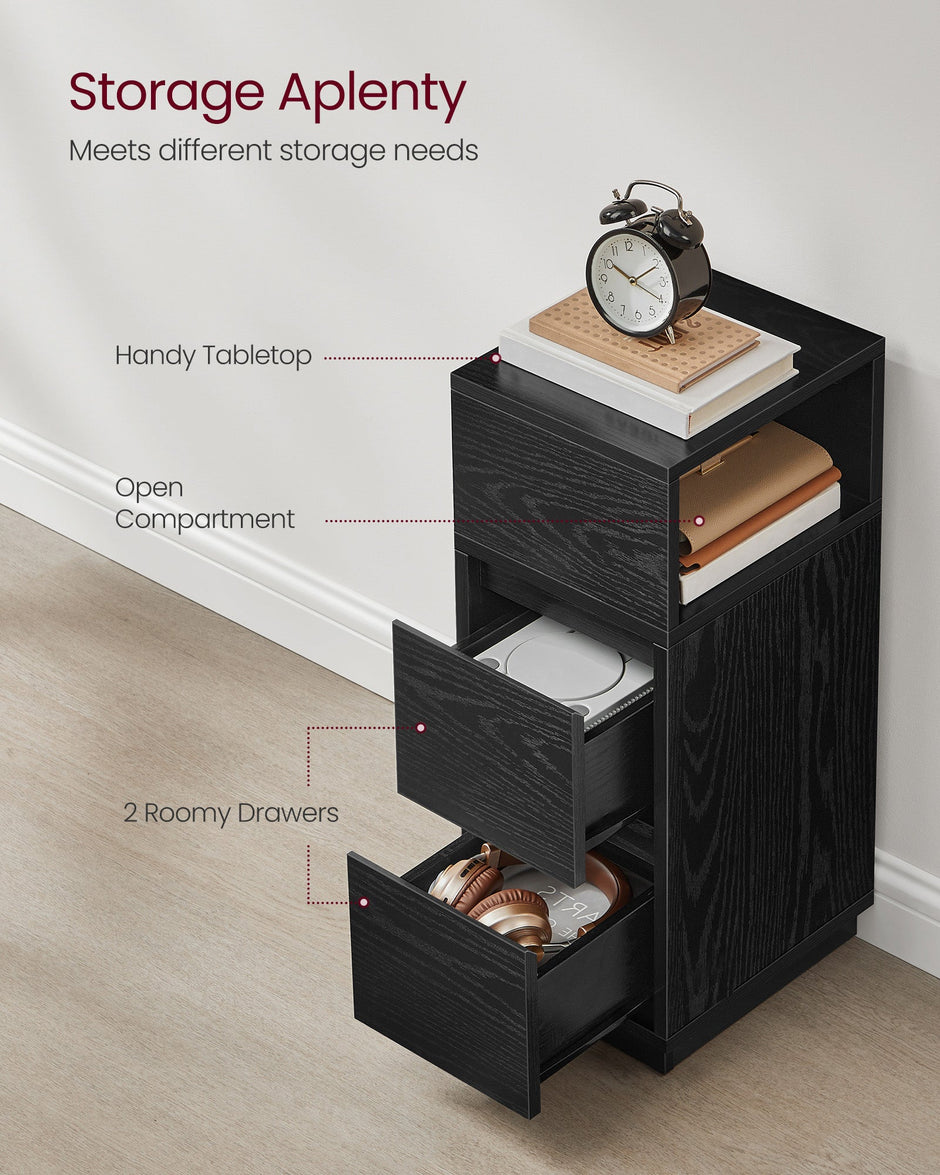 Adjustable Slim Bedside Table – Wood – Ebony Black – 2 Drawers & Open Compartment