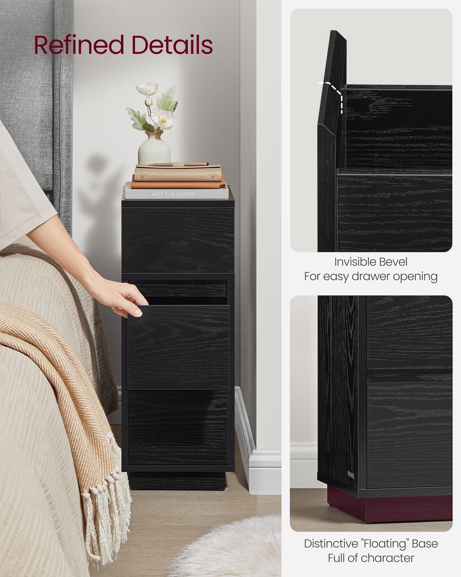 Adjustable Slim Bedside Table – Wood – Ebony Black – 2 Drawers & Open Compartment