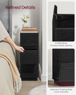 Adjustable Slim Bedside Table – Wood – Ebony Black – 2 Drawers & Open Compartment
