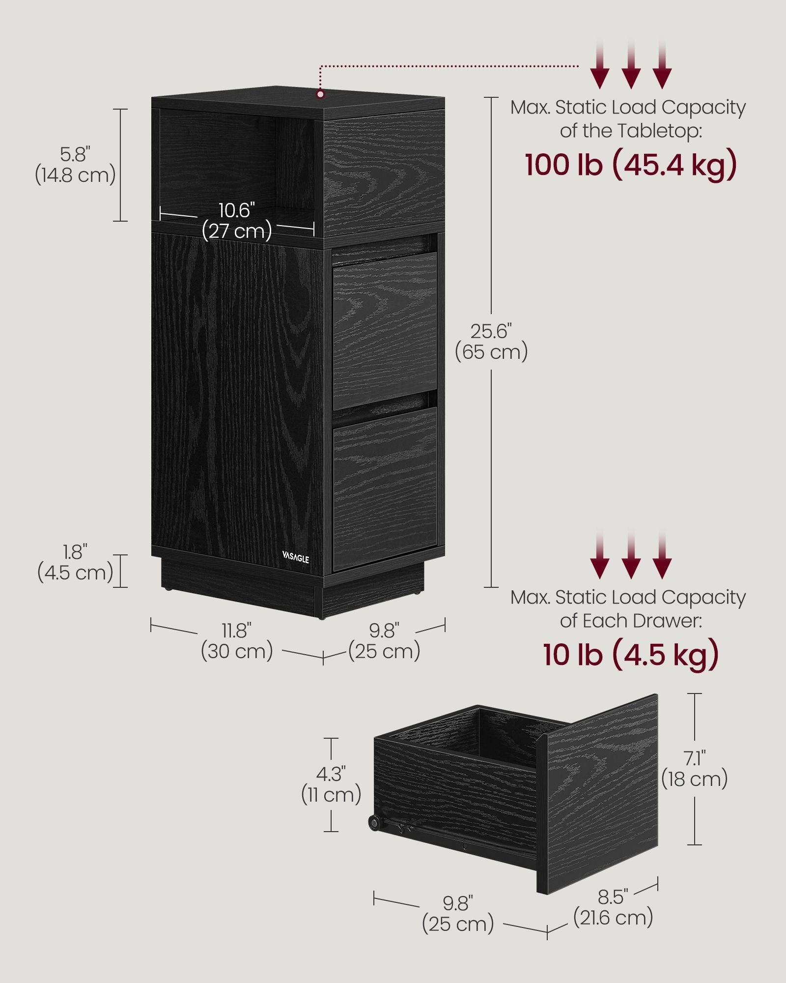 Adjustable Slim Bedside Table – Wood – Ebony Black – 2 Drawers & Open Compartment