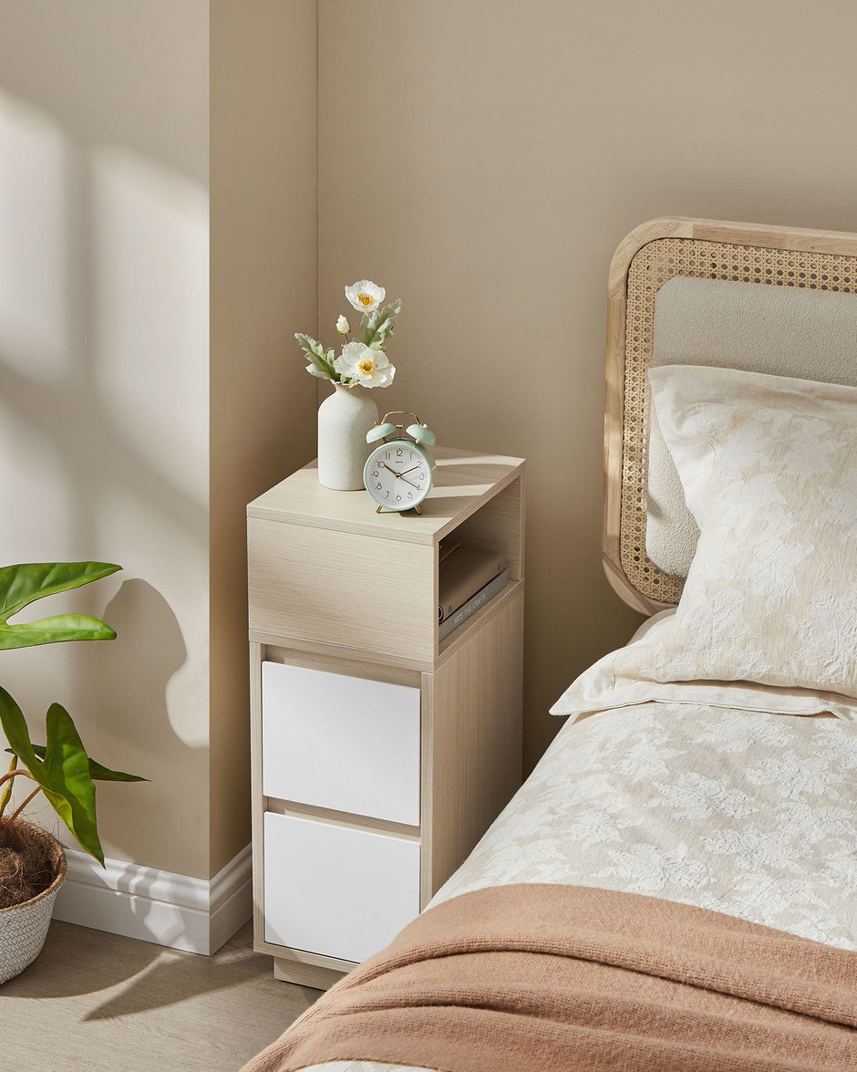 Slim Bedside Table – Wood – Cloud White – 2 Drawers and 1 Open Compartment