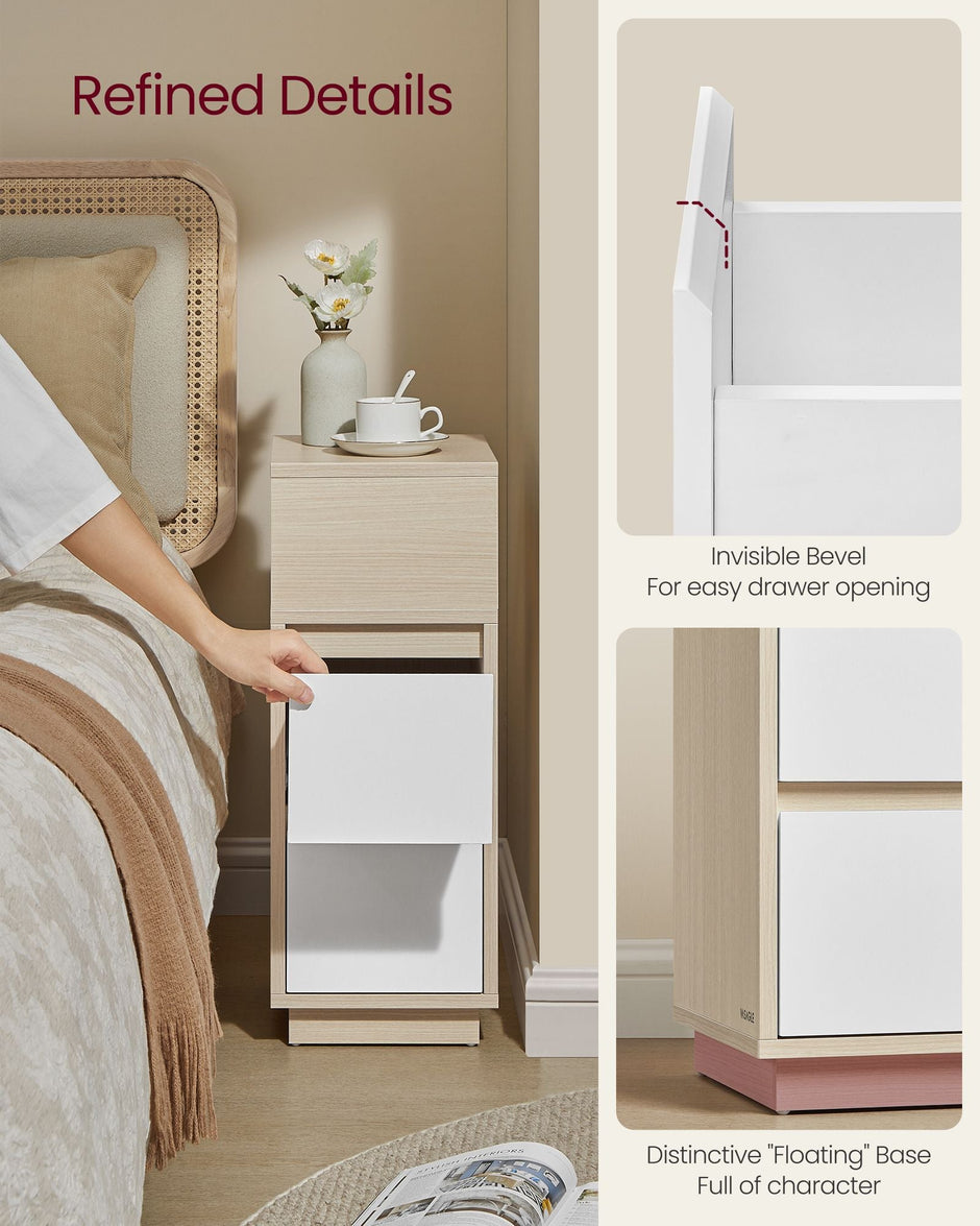 Slim Bedside Table – Wood – Cloud White – 2 Drawers and 1 Open Compartment