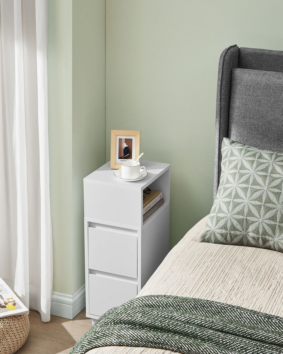 Slim Bedside Table – Engineered Wood – Cloud White – 2 Drawers and Open Compartment