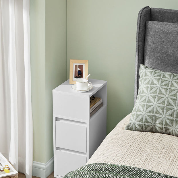 Slim Bedside Table – Engineered Wood – Cloud White – 2 Drawers and Open Compartment