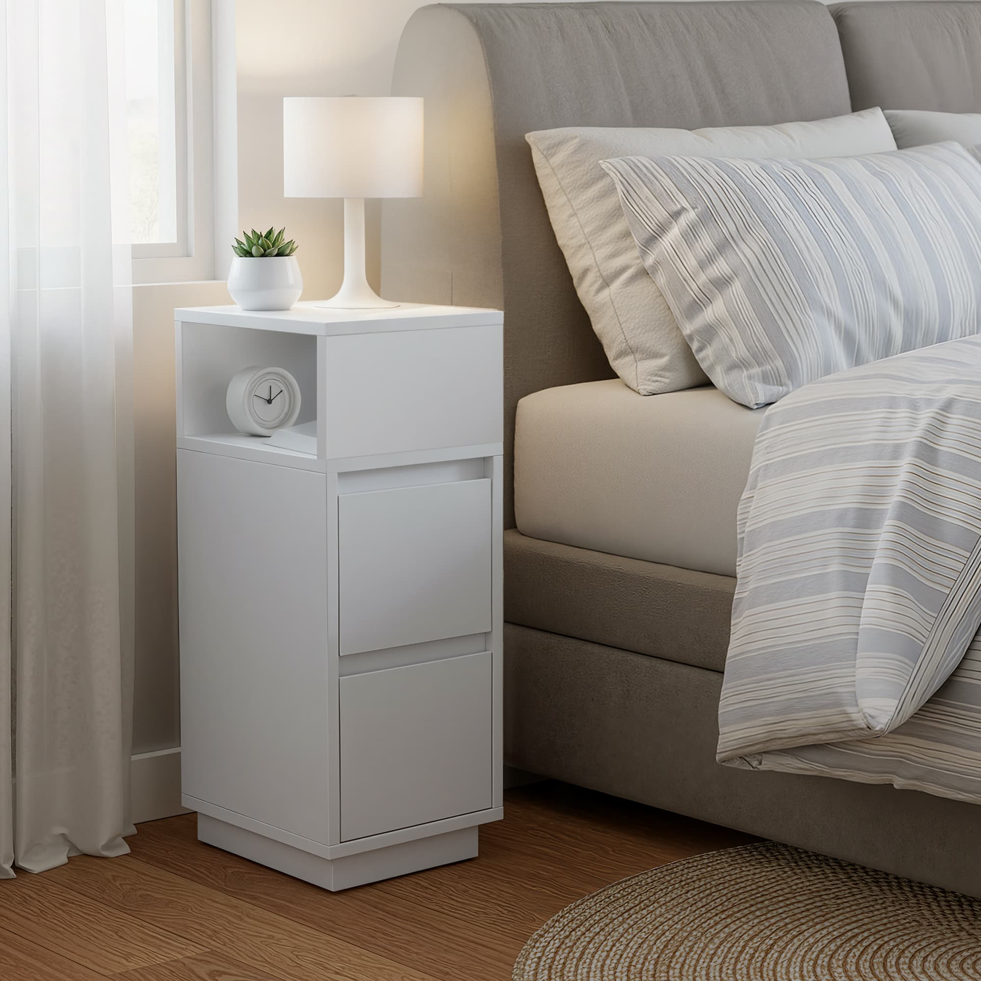 Narrow Side Table – Wood – White – 2 Drawers and Open Compartment