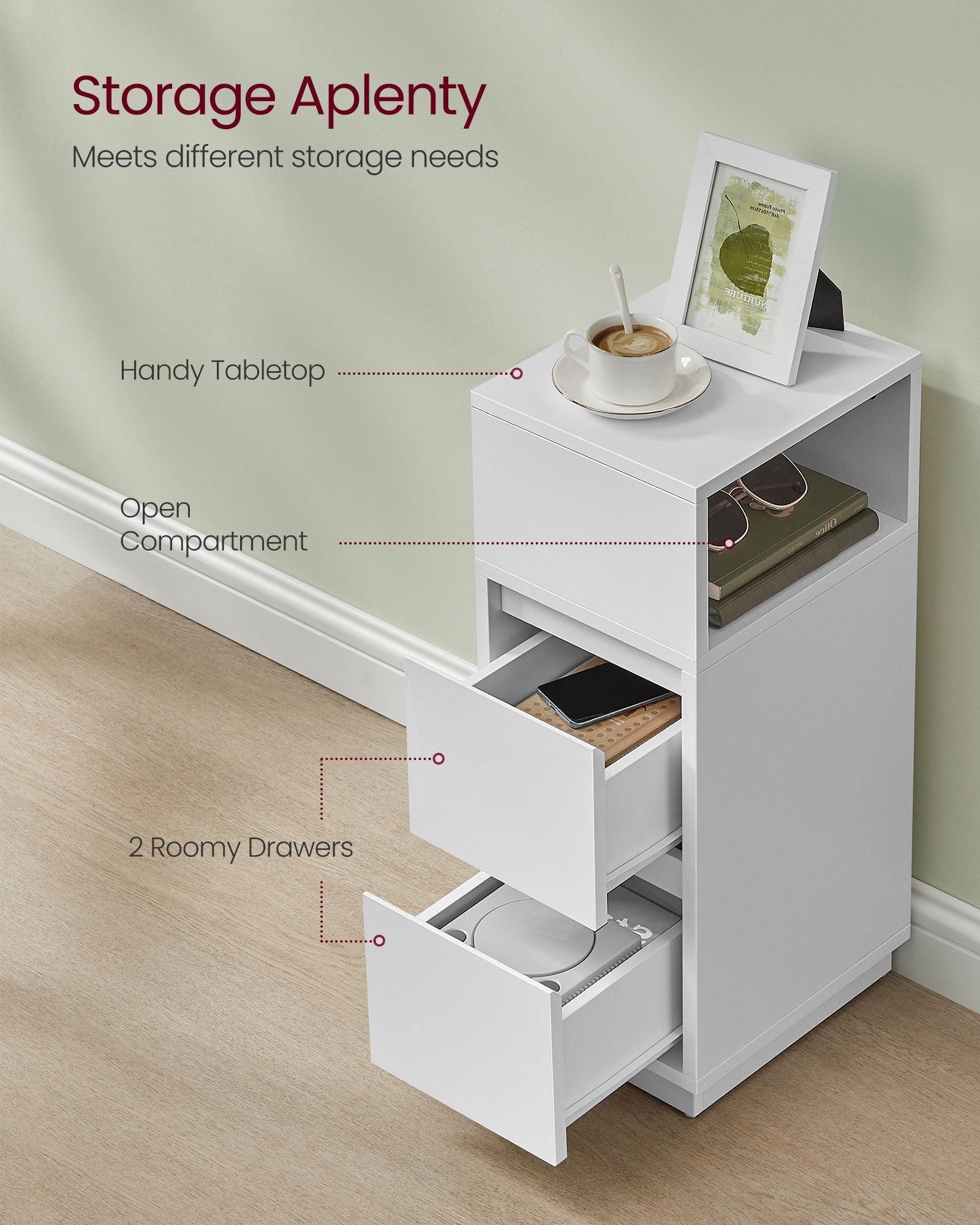 Slim Bedside Table – Engineered Wood – Cloud White – 2 Drawers and Open Compartment