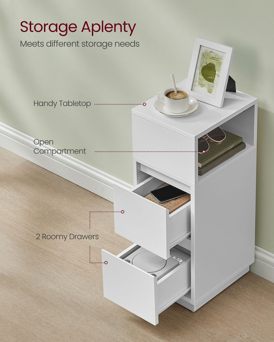 Slim Bedside Table – Engineered Wood – Cloud White – 2 Drawers and Open Compartment
