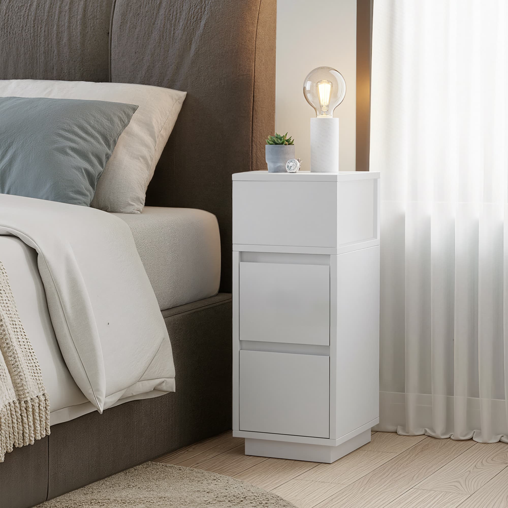 Narrow Side Table – Wood – White – 2 Drawers and Open Compartment