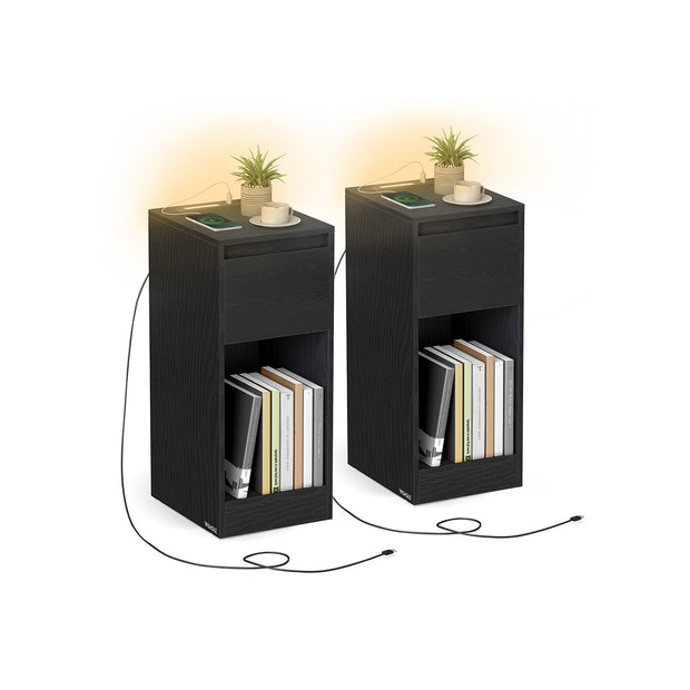 Record Player Stand – Wood – Cloud White – Vinyl Storage with Charging Station and LED Light
