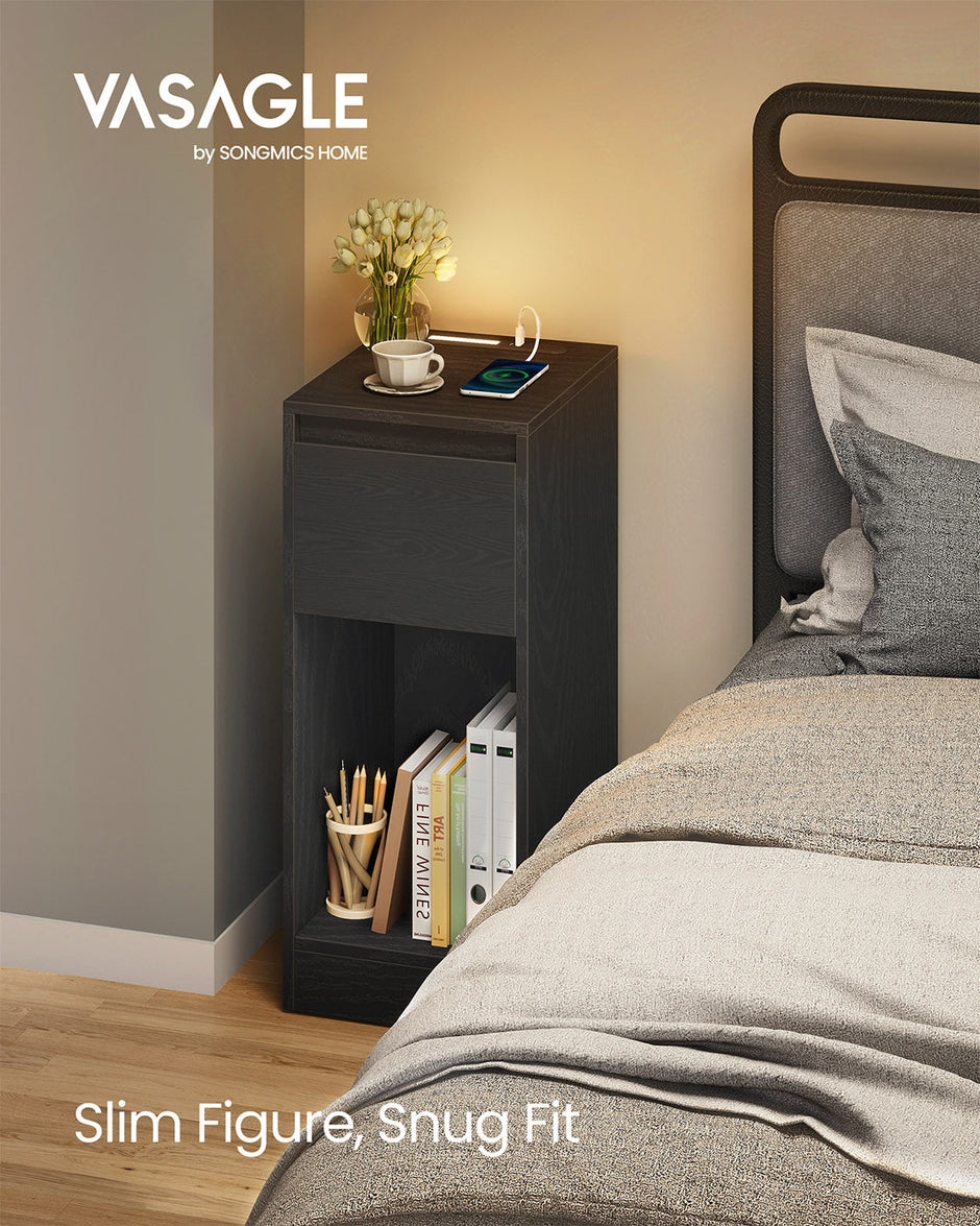 Record Player Stand – Wood – Cloud White – Vinyl Storage with Charging Station and LED Light