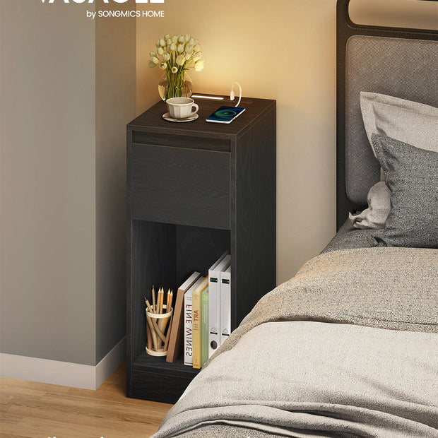 Record Player Stand – Wood – Cloud White – Vinyl Storage with Charging Station and LED Light