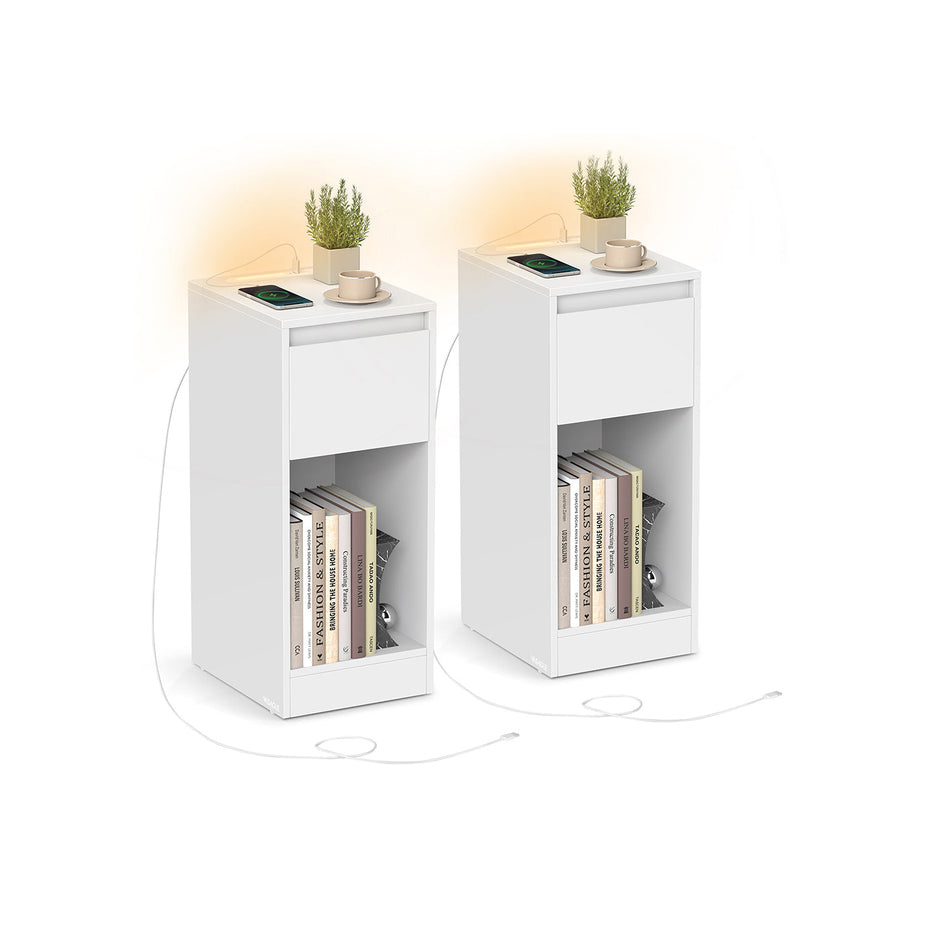Record Player Stand – Wood – Cloud White – Vinyl Storage with Charging Station and LED Light