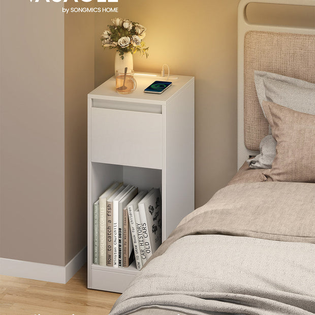 Record Player Stand – Wood – Cloud White – Vinyl Storage with Charging Station and LED Light