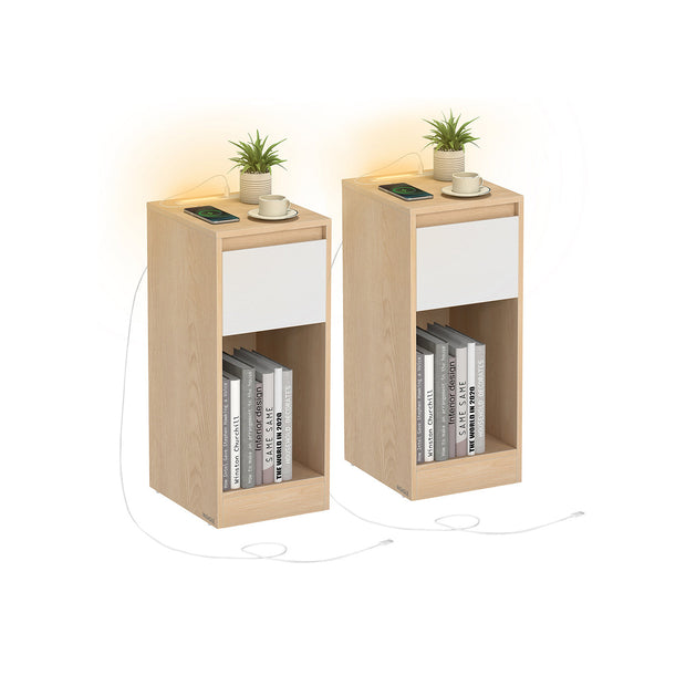 Record Player Stand – Wood – Cloud White – Vinyl Storage with Charging Station and LED Light