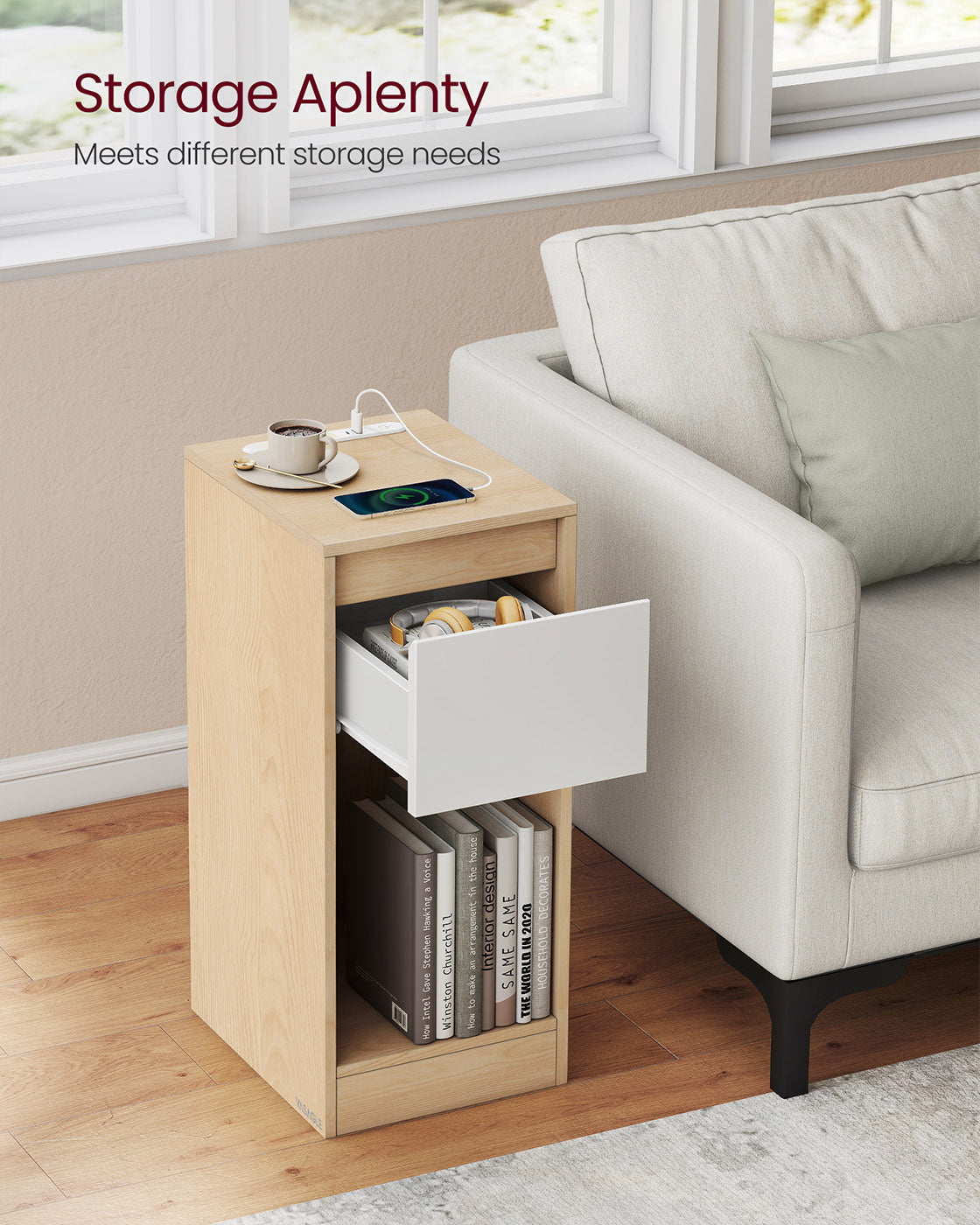 Record Player Stand – Wood – Cloud White – Vinyl Storage with Charging Station and LED Light