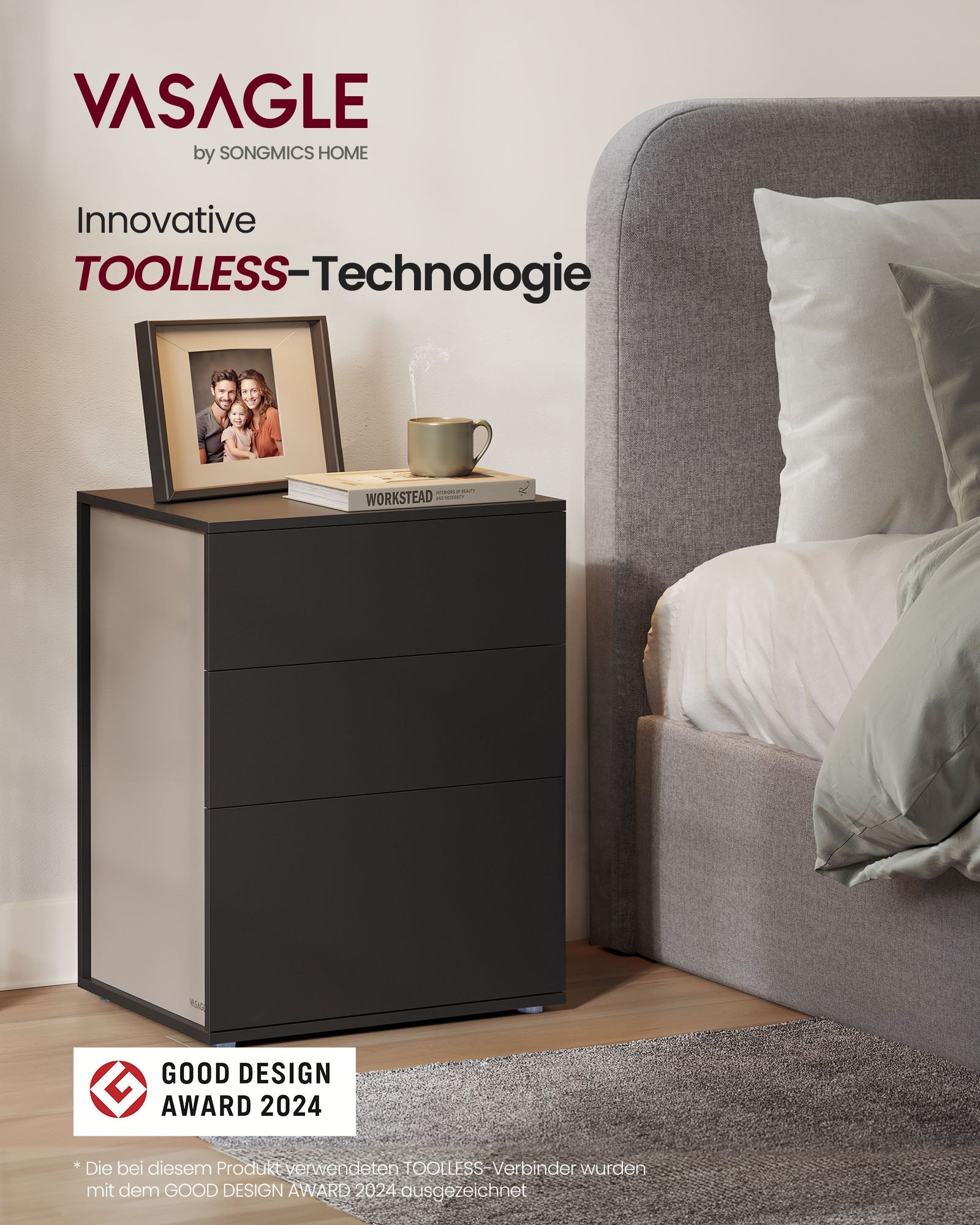 Nightstand – Wood – Ink Black and Cappuccino Beige – Toolless Assembly with 3 Storage Drawers
