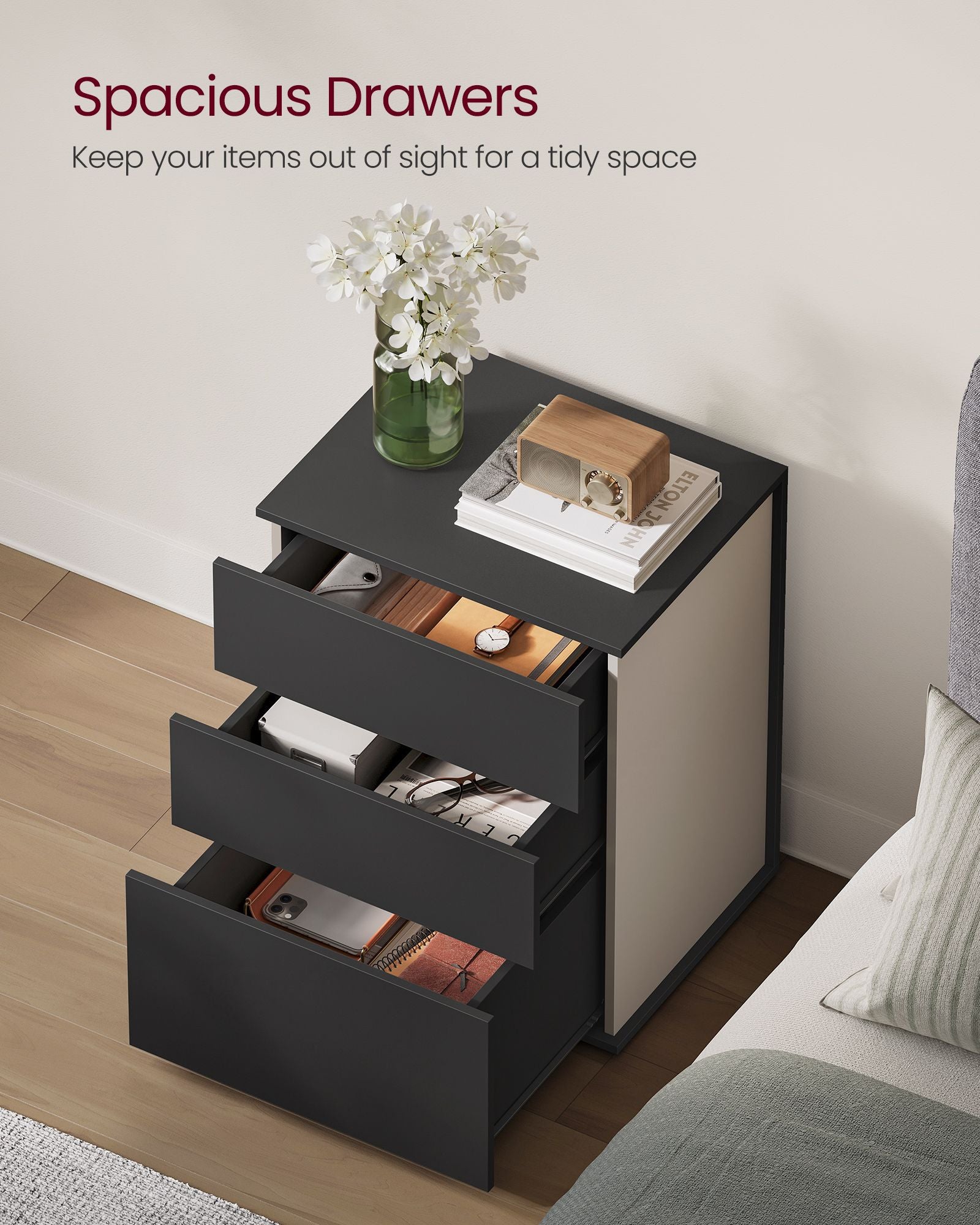 Nightstand – Wood – Ink Black and Cappuccino Beige – Toolless Assembly with 3 Storage Drawers