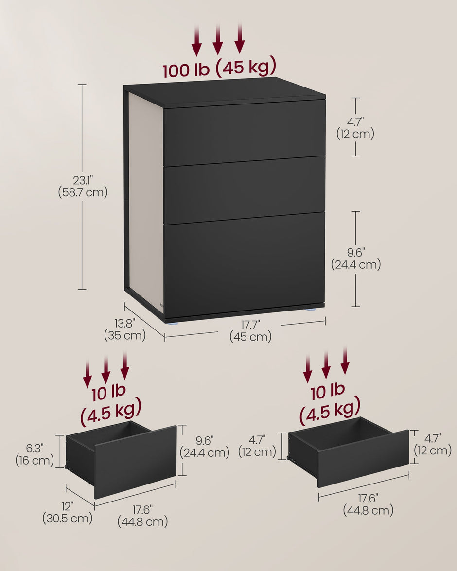 Nightstand – Wood – Ink Black and Cappuccino Beige – Toolless Assembly with 3 Storage Drawers