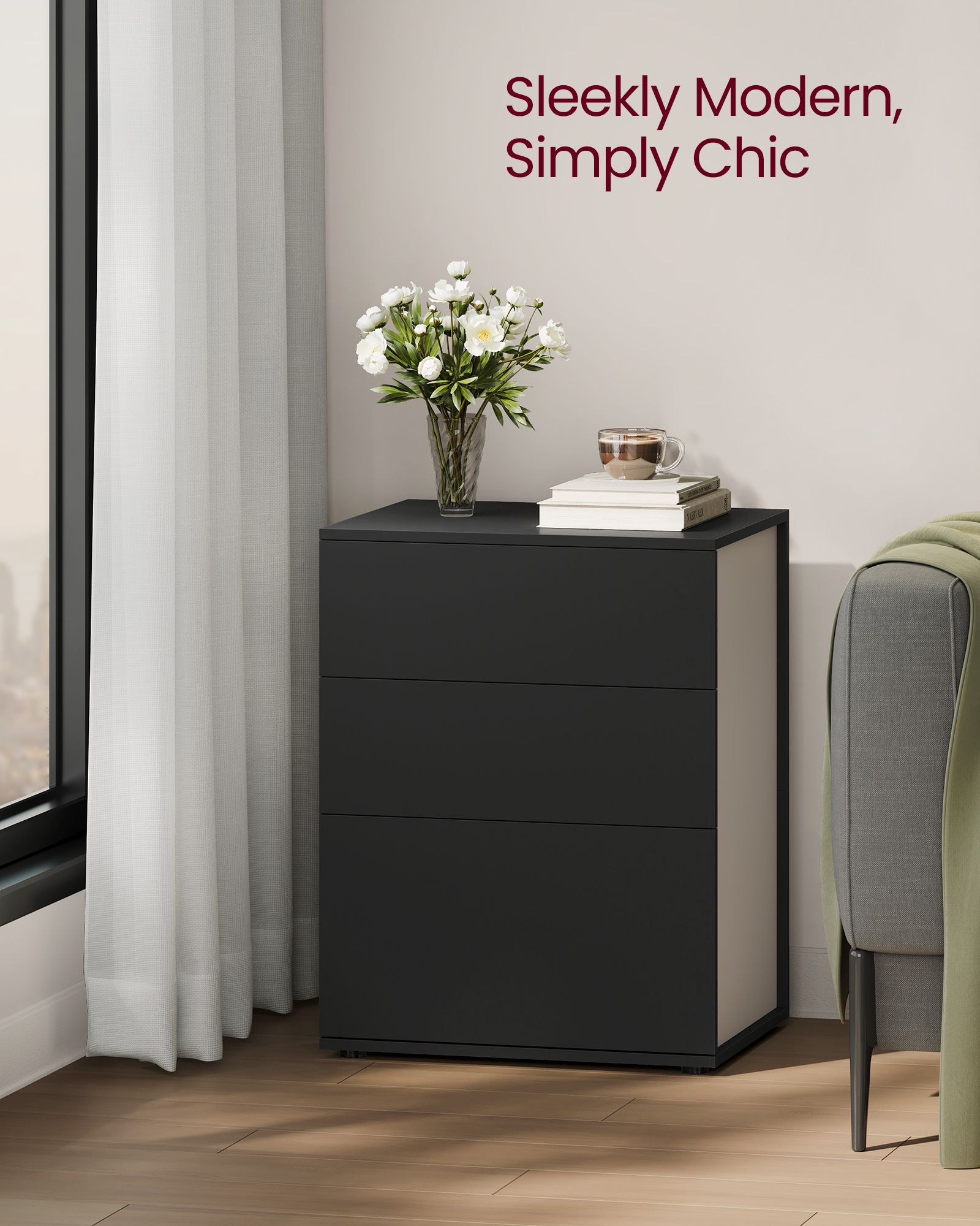 Nightstand – Wood – Ink Black and Cappuccino Beige – Toolless Assembly with 3 Storage Drawers