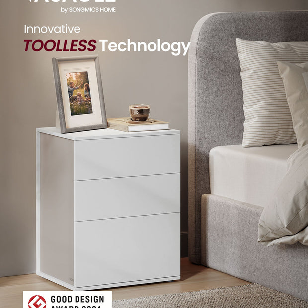 Bedside Table – MDF – Matte White and Cappuccino Beige – Toolless Assembly with 3 Storage Drawers