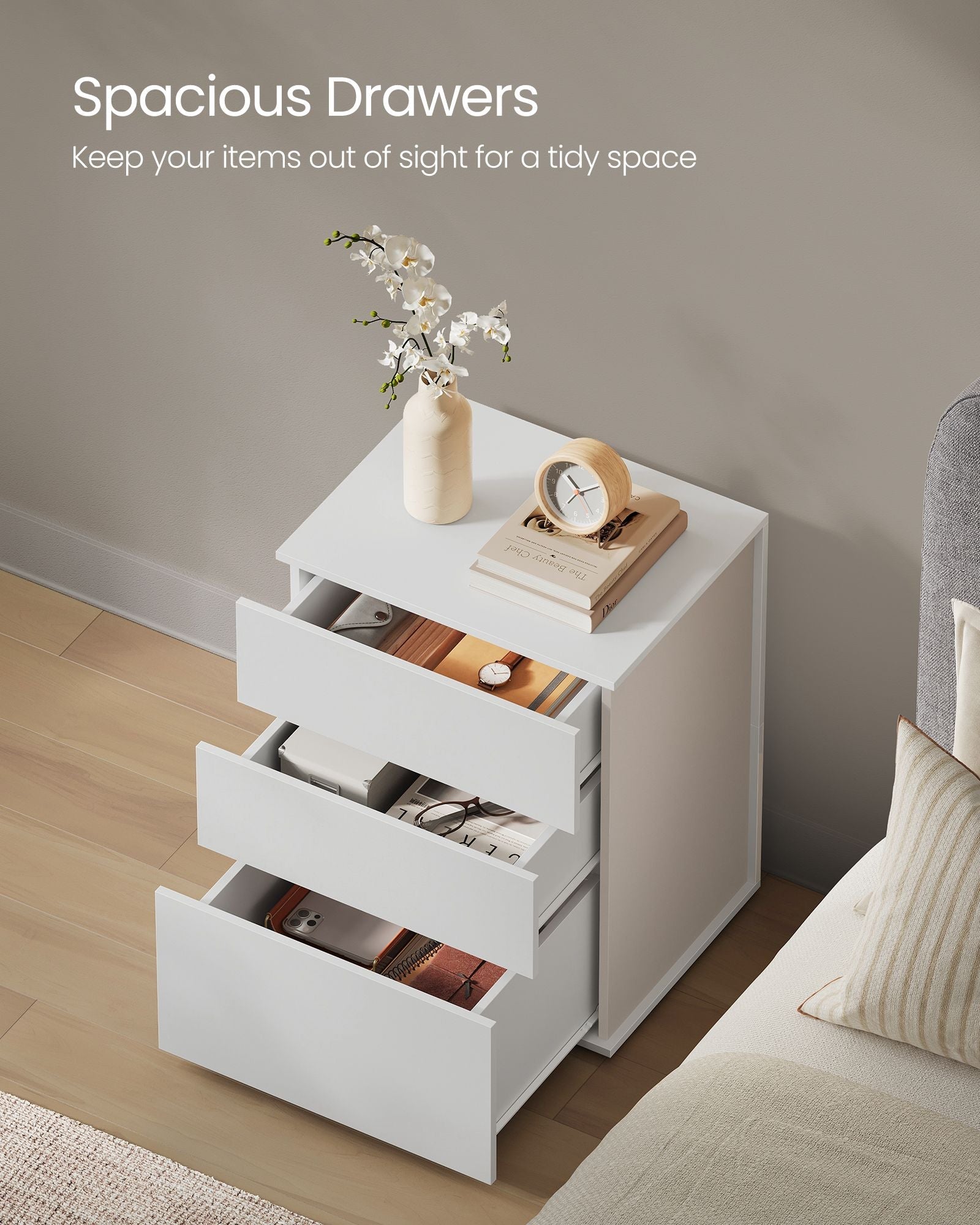 Bedside Table – MDF – Matte White and Cappuccino Beige – Toolless Assembly with 3 Storage Drawers