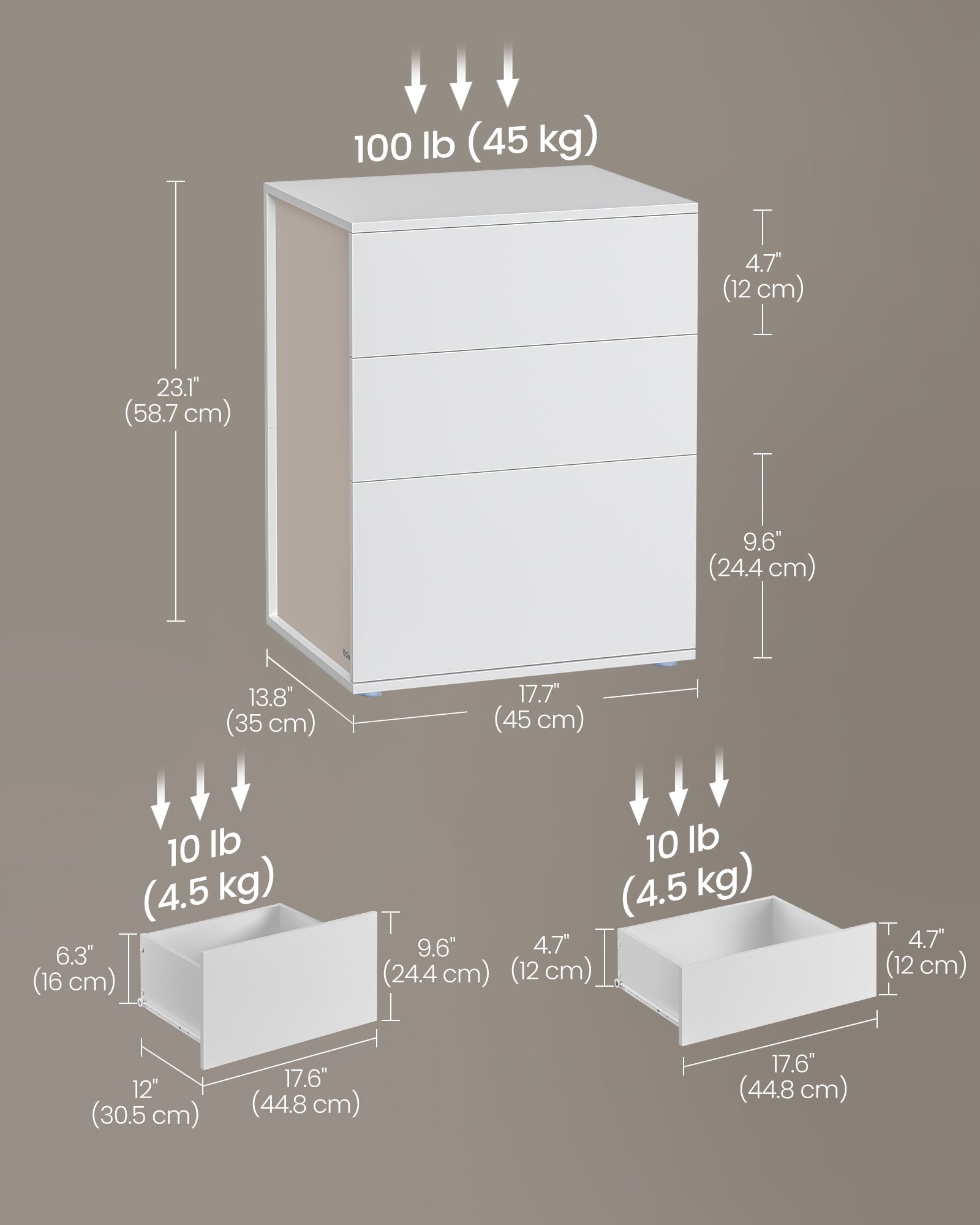 Bedside Table – MDF – Matte White and Cappuccino Beige – Toolless Assembly with 3 Storage Drawers