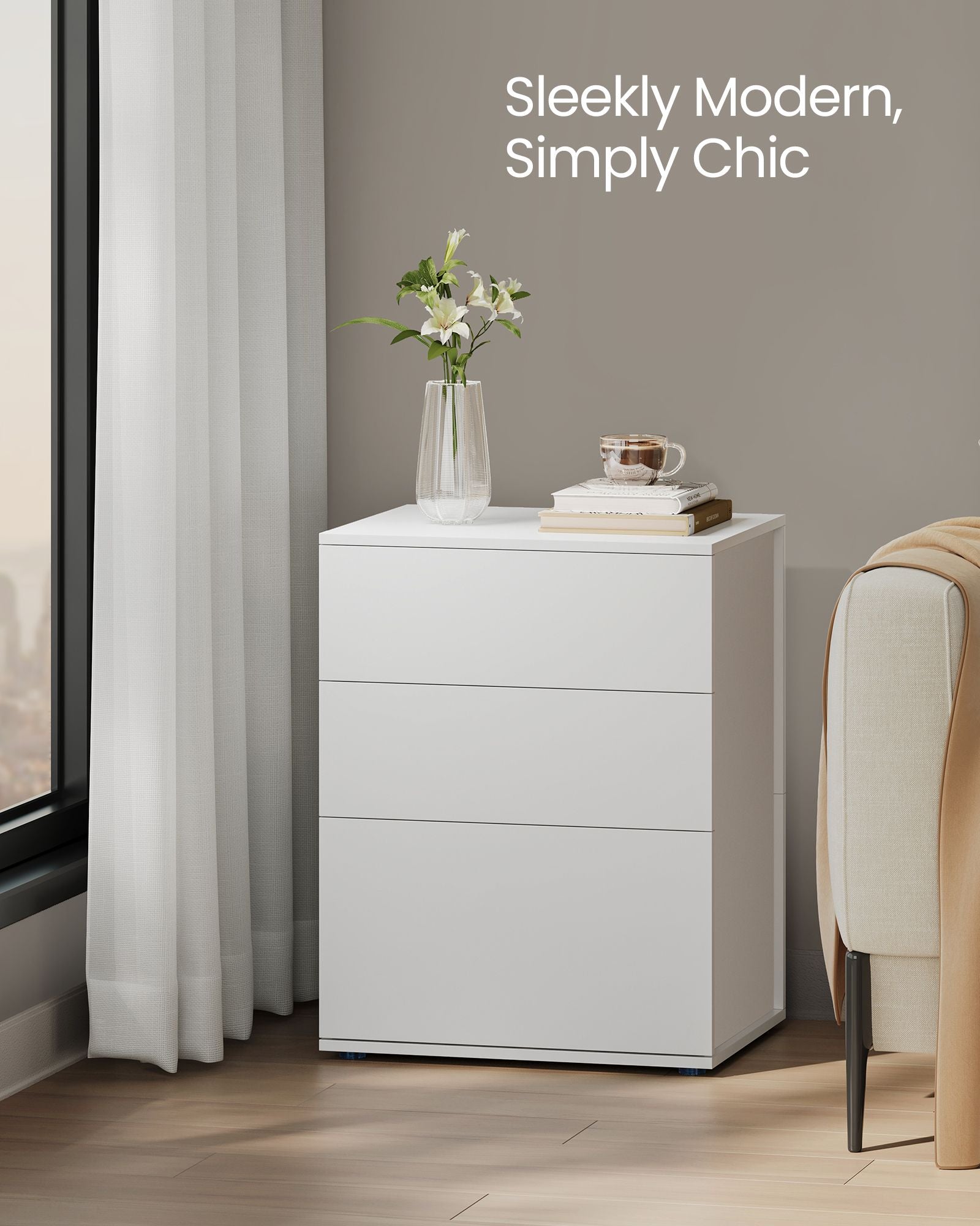 Bedside Table – MDF – Matte White and Cappuccino Beige – Toolless Assembly with 3 Storage Drawers
