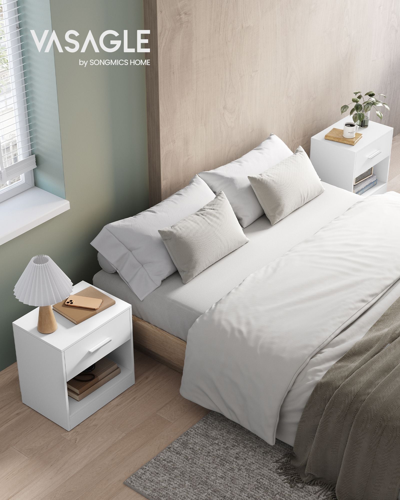 Side Table – Wood – Natural Beige and Classic White – With Drawer and Open Compartment