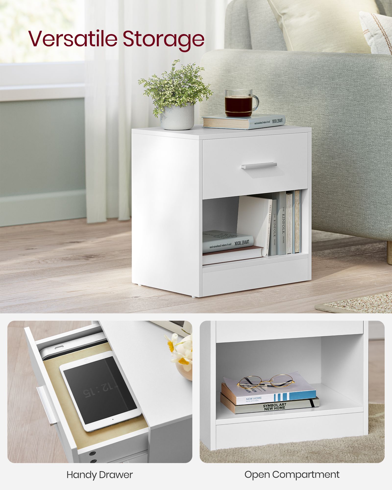Side Table – Wood – Natural Beige and Classic White – With Drawer and Open Compartment