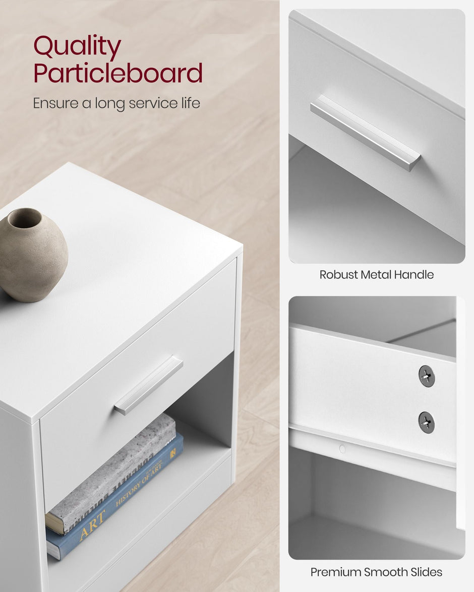 Side Table – Wood – Natural Beige and Classic White – With Drawer and Open Compartment