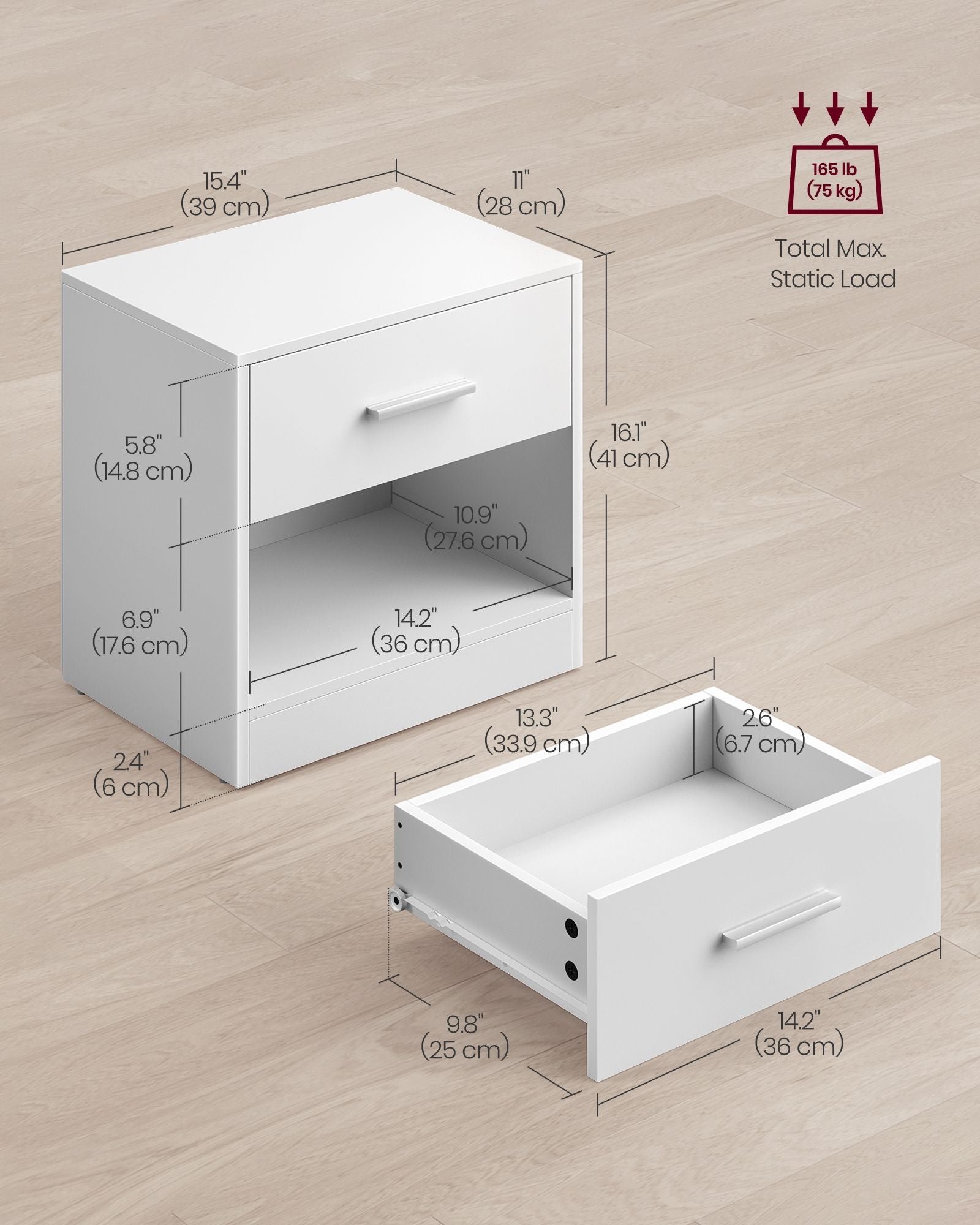 Side Table – Wood – Natural Beige and Classic White – With Drawer and Open Compartment