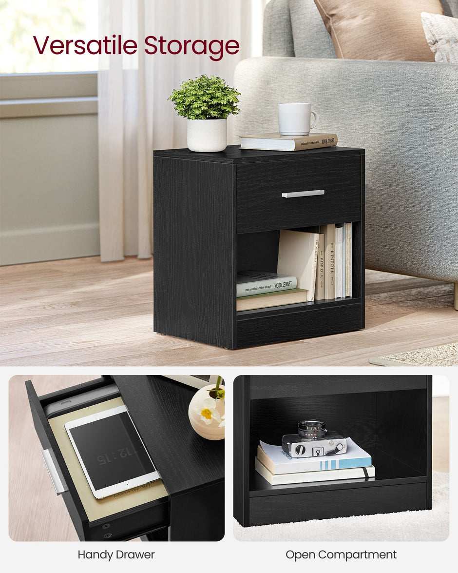 Side Table – Wood – Natural Finish – Drawer and Open Compartment