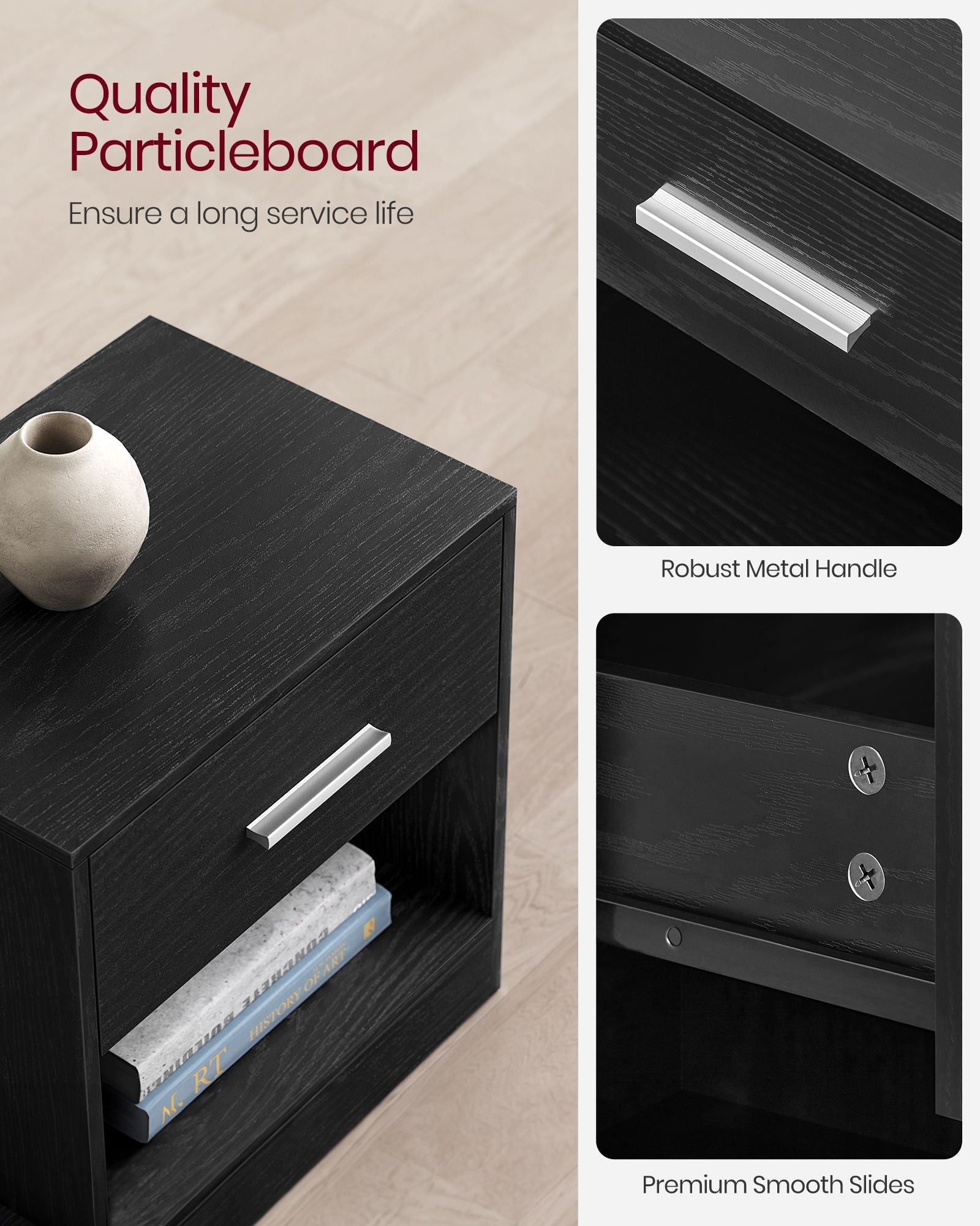 Side Table – Wood – Natural Finish – Drawer and Open Compartment