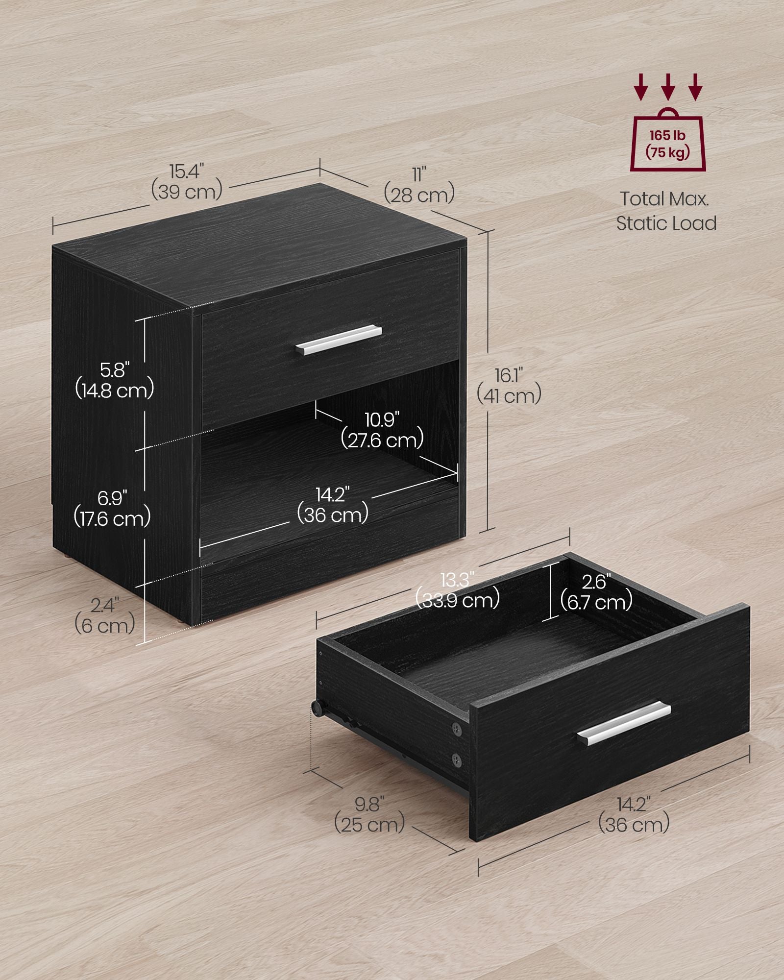 Side Table – Wood – Natural Finish – Drawer and Open Compartment