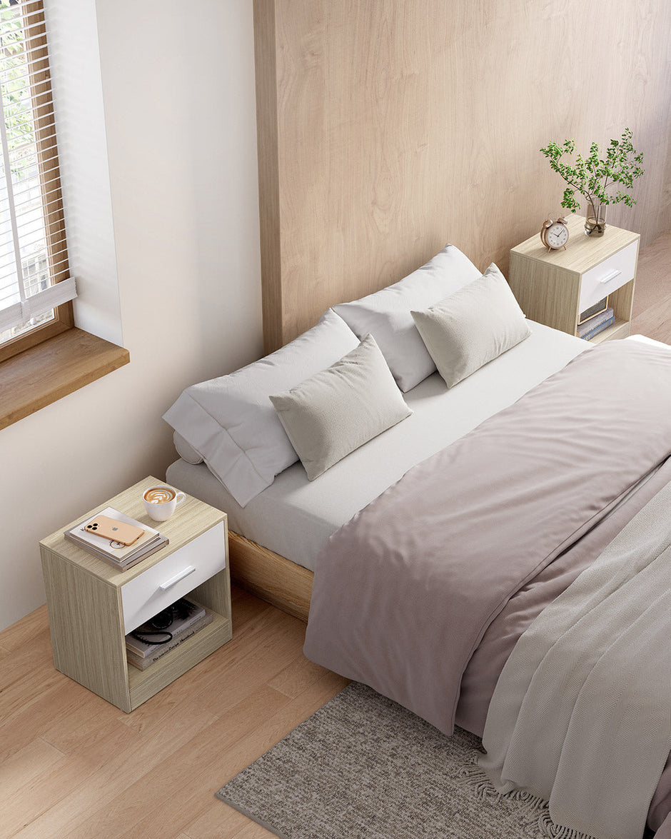 Set of 2 Bedside Tables – Wood – Natural Beige and Classic White – Featuring Drawer and Open Compartment