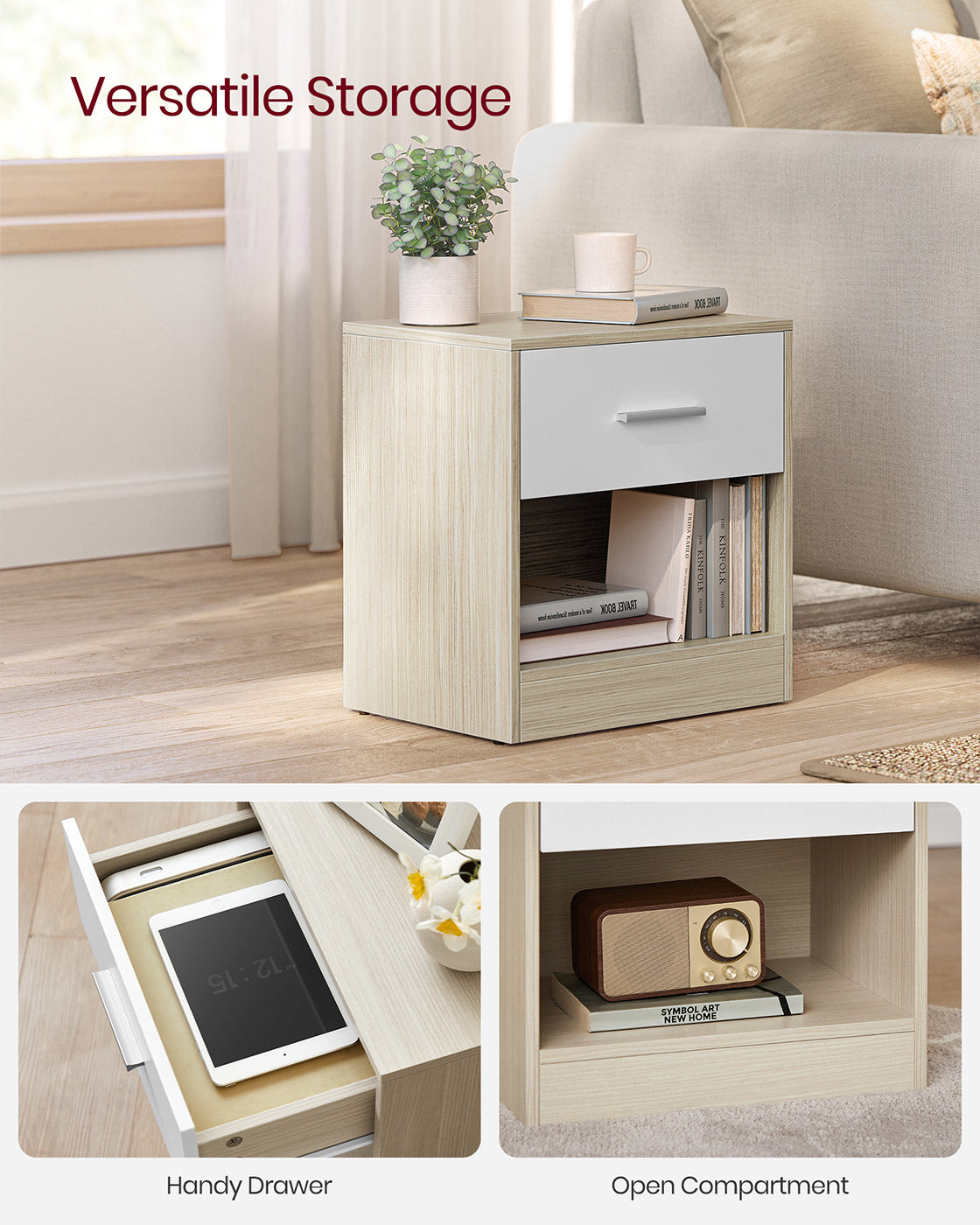 Set of 2 Bedside Tables – Wood – Natural Beige and Classic White – Featuring Drawer and Open Compartment