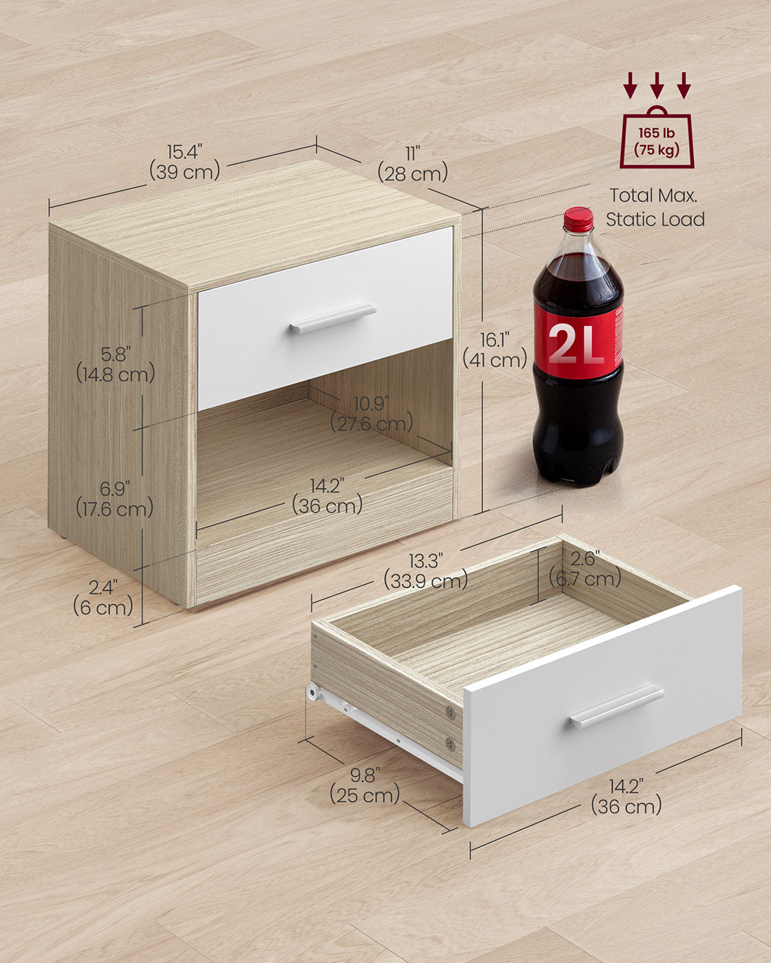 Set of 2 Bedside Tables – Wood – Natural Beige and Classic White – Featuring Drawer and Open Compartment