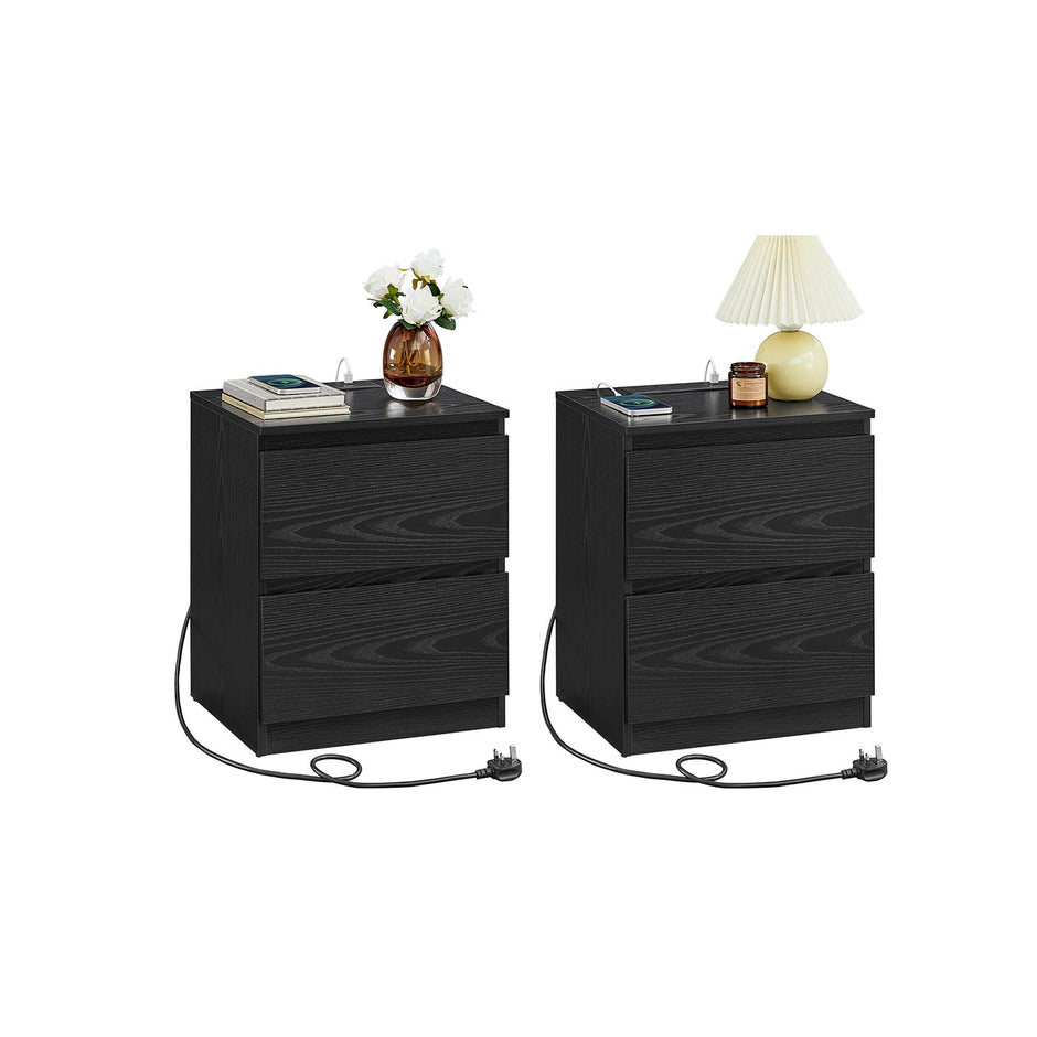 Nightstands – Wood – Ebony Black – Set of 2 with Charging Station and Drawers