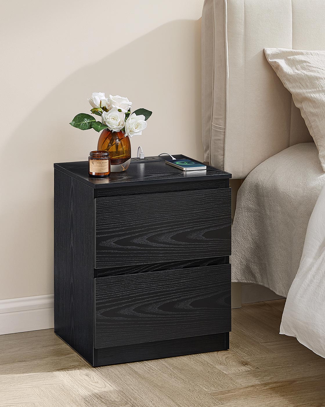 Nightstands – Wood – Ebony Black – Set of 2 with Charging Station and Drawers