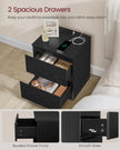 Nightstands – Wood – Ebony Black – Set of 2 with Charging Station and Drawers