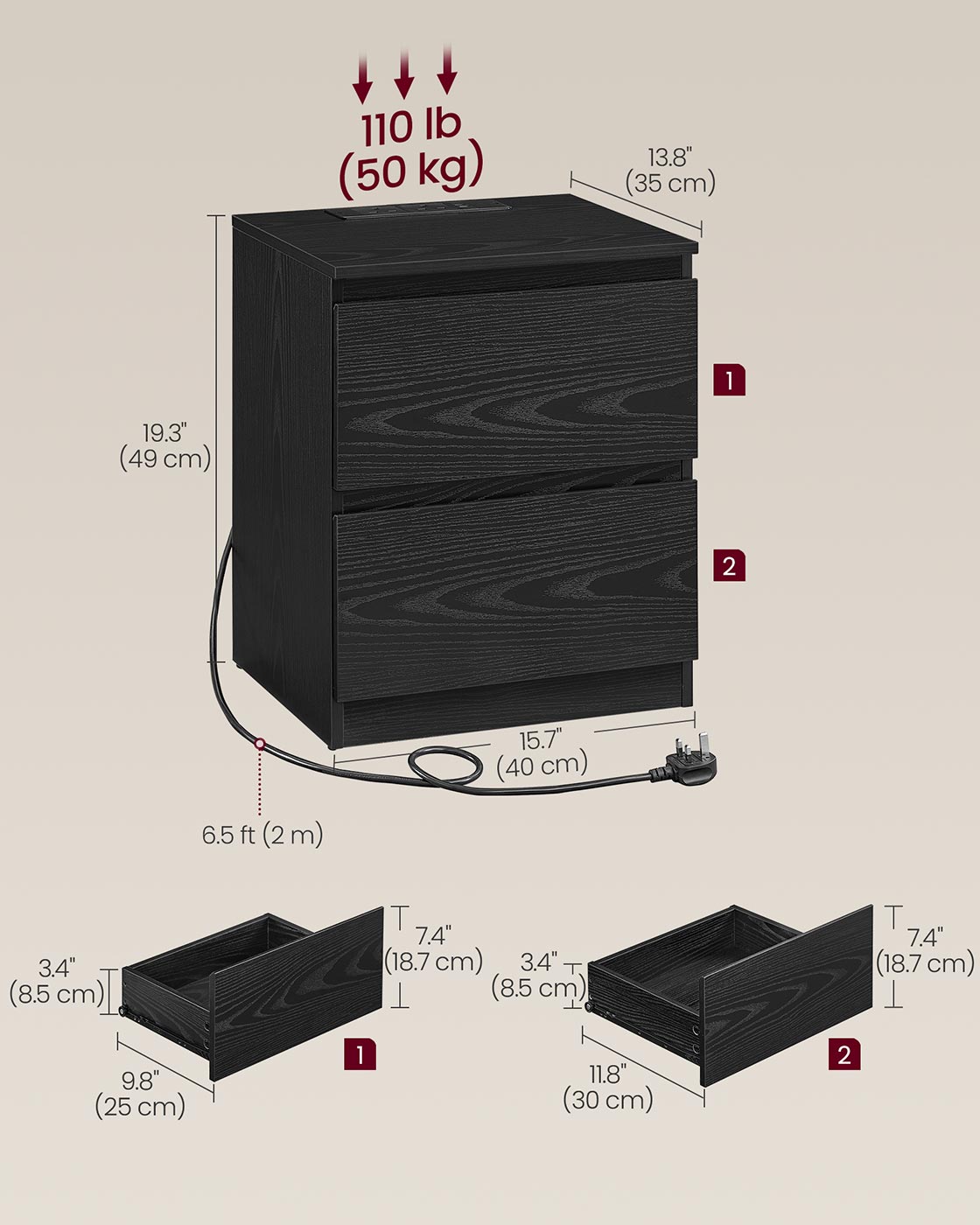 Nightstands – Wood – Ebony Black – Set of 2 with Charging Station and Drawers