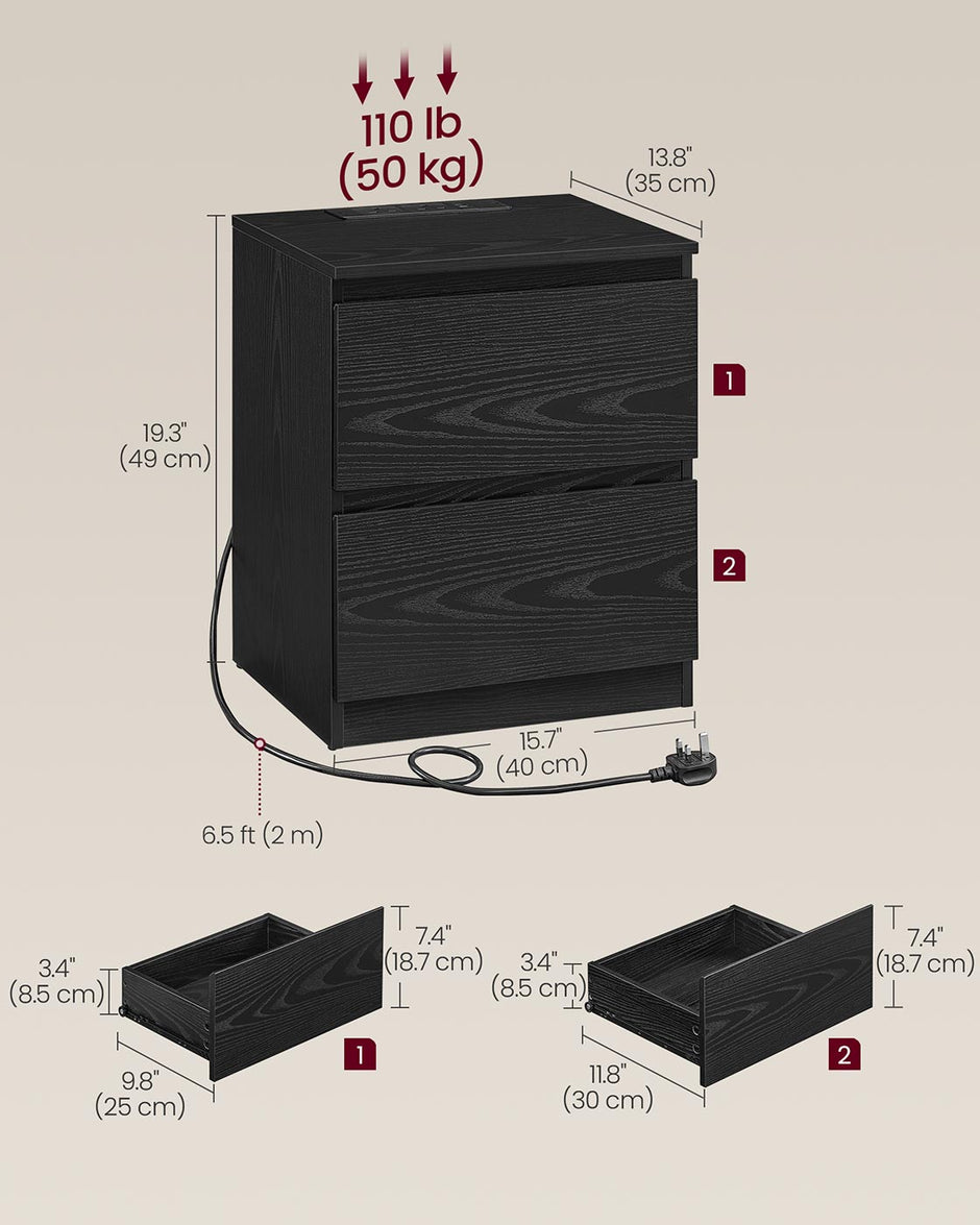 Nightstands – Wood – Ebony Black – Set of 2 with Charging Station and Drawers