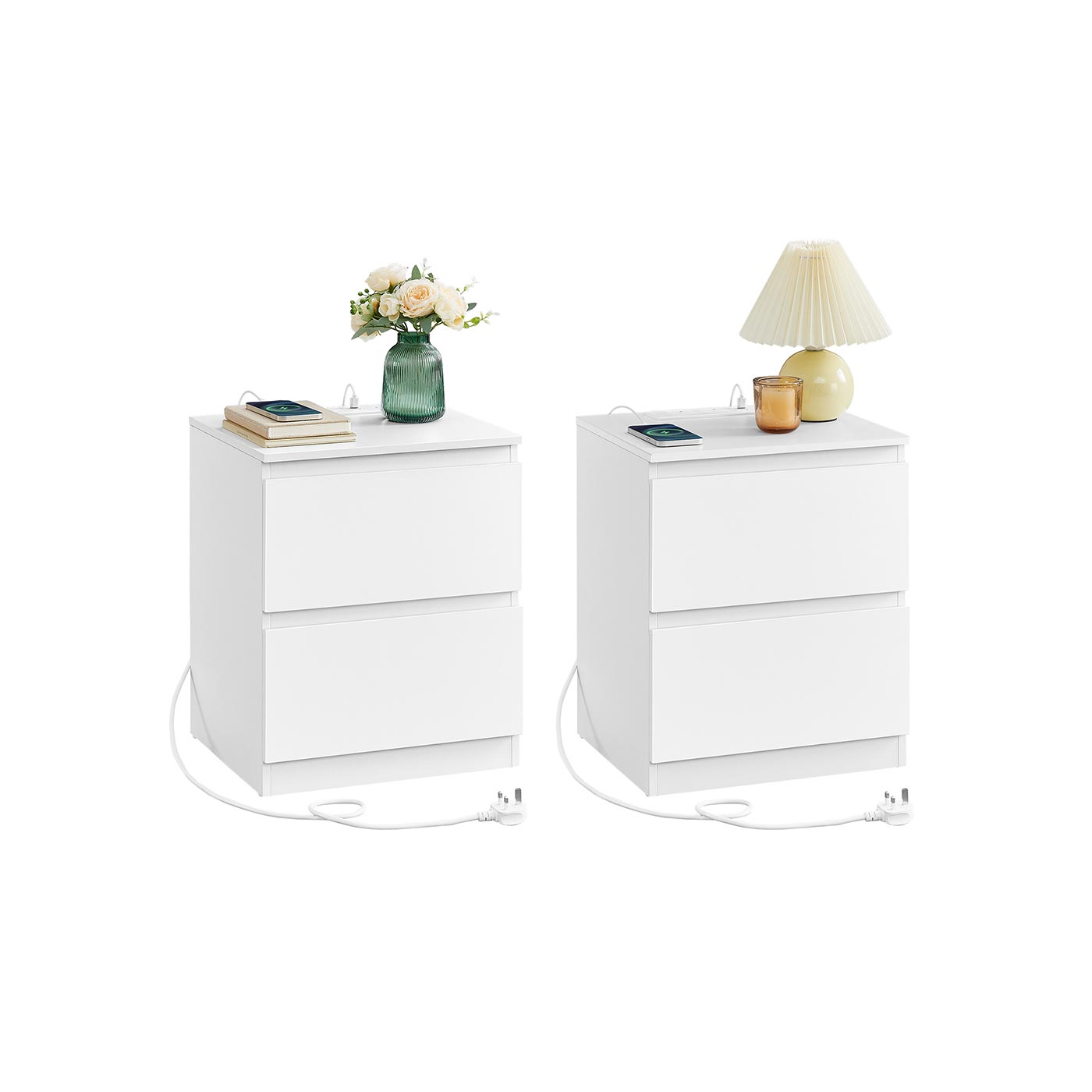 Nightstands – Wood – Cloud White – Charging Station with Drawers – Set of 2