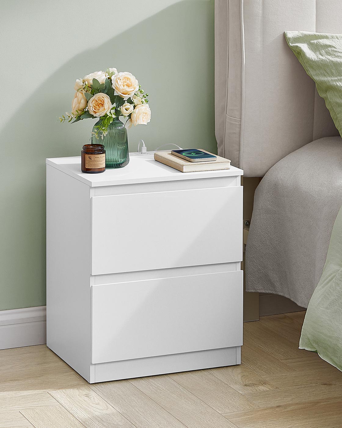 Nightstands – Wood – Cloud White – Charging Station with Drawers – Set of 2