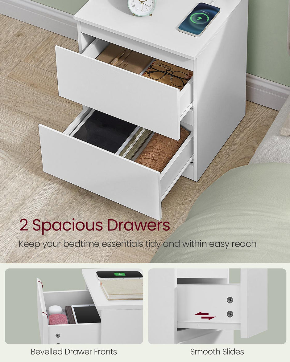 Nightstands – Wood – Cloud White – Charging Station with Drawers – Set of 2